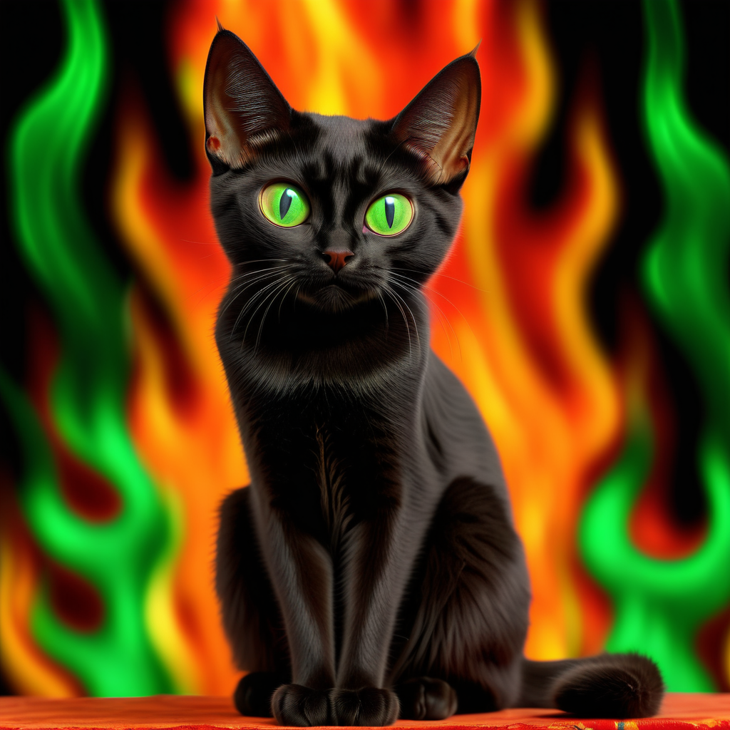 Black cat sitting upright with big green eyes on a background of red and orange flames