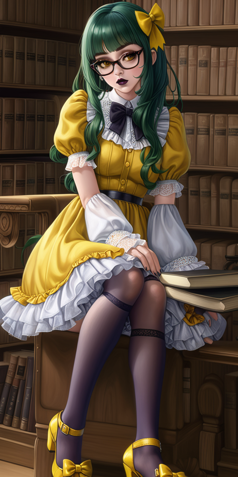 Anime woman with dark green hair and large lips with dark lipstick and heavy makeup wearing a frilly yellow dress, stockings, yellow heeled mary jane shoes, lots of bows and lace, wearing glasses.  sitting in a library. Vacant expression. 