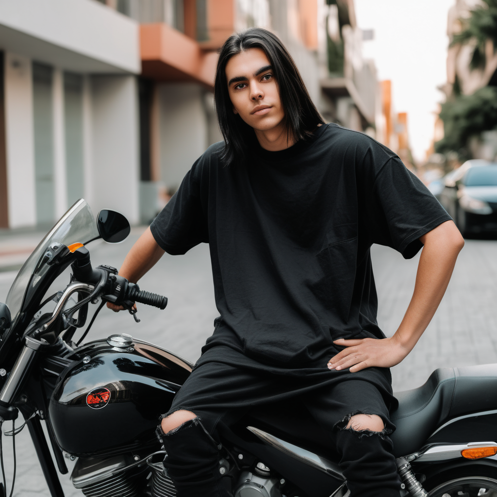 person sitting on motorycle bike showing front with oversized black t shirt that is blank