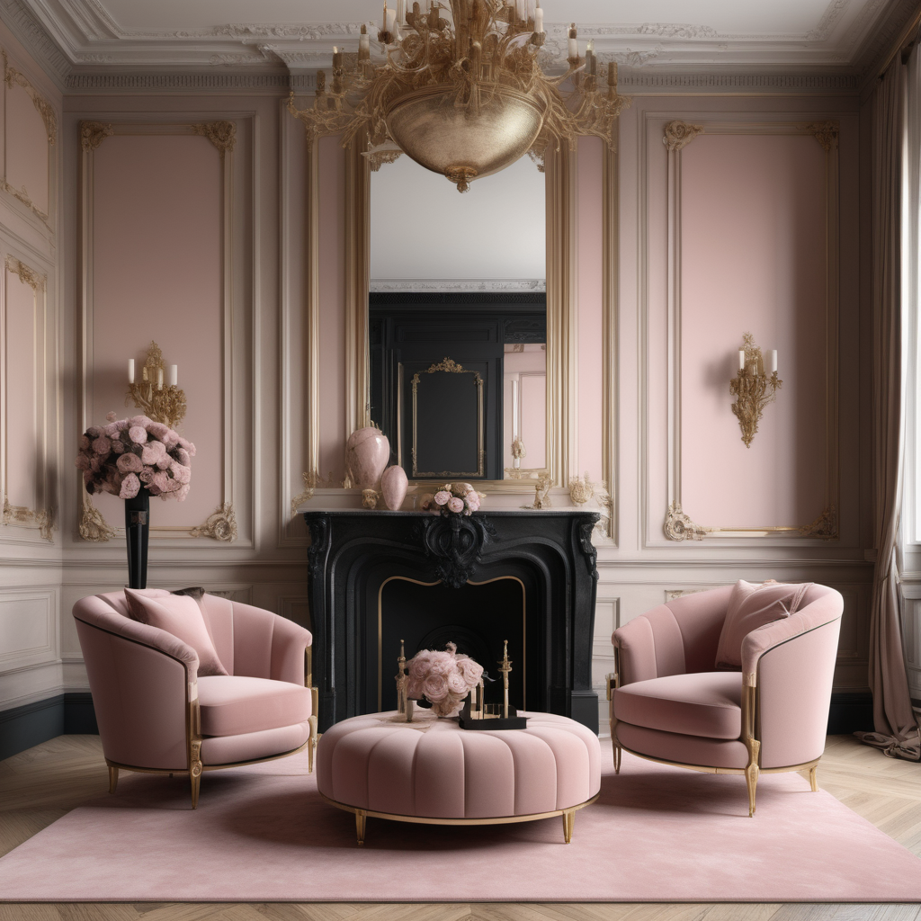 A hyperrealistic image of a palatial modern Parisian  in a beige oak brass colour palette with accents of black and dusty rose
