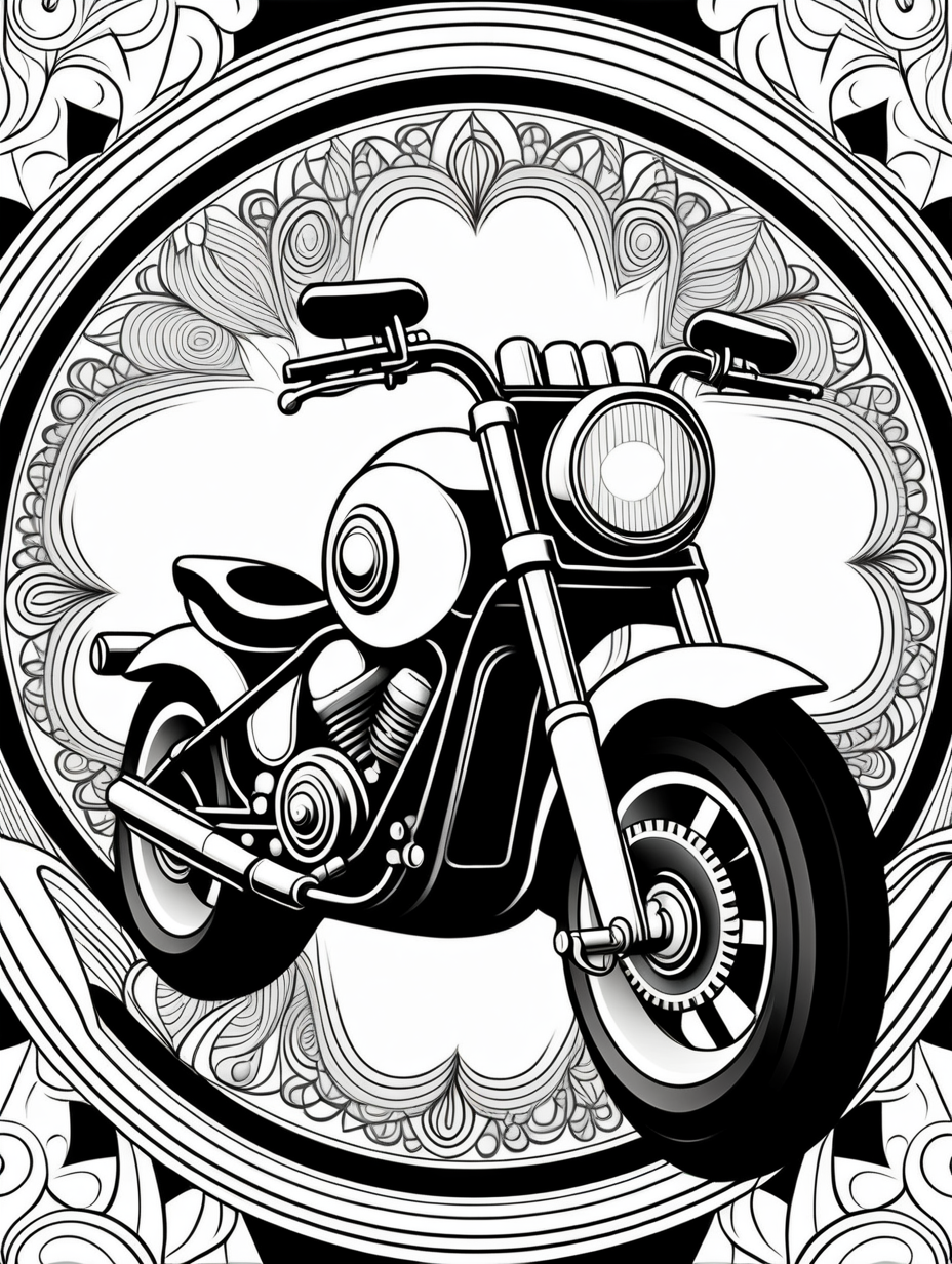 motorcycle inspired mandala pattern, black and white, fit to page, children's coloring book, coloring book page, clean line art, line art, no bleed