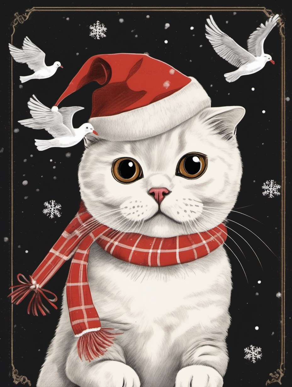 OLD FASHIONED vintage christmas card illustration with a white scottish fold cat and a seagull wearing christmas hats on a black background