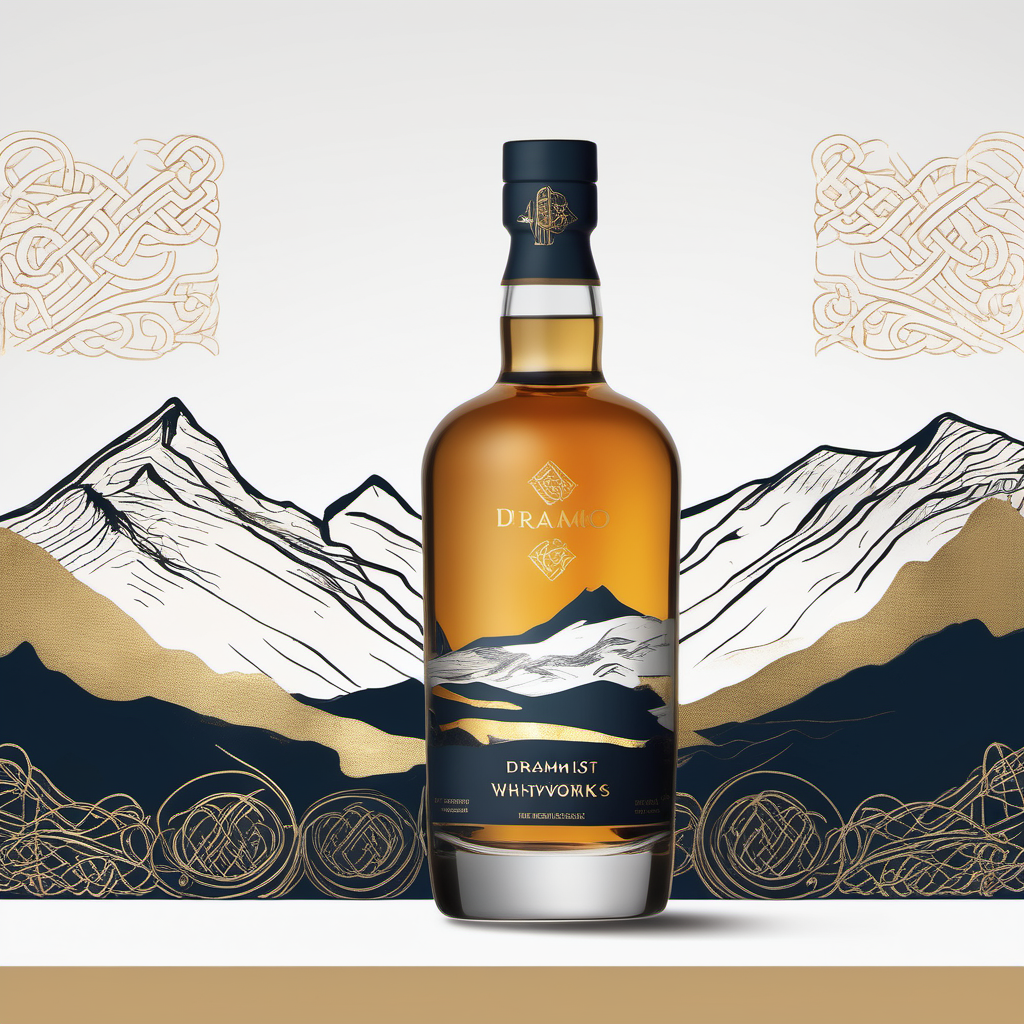 a minimalist modern whisky brand bottle with gold foil celtic detailing, mountains, whisky glass and the words Dramworks on the label