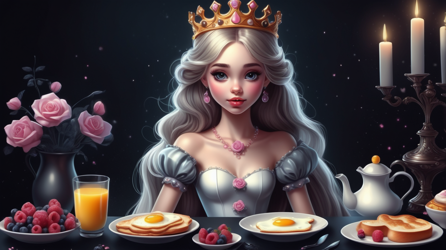 Realistic cute beautiful Breakfast Princess in a dark fantasy style