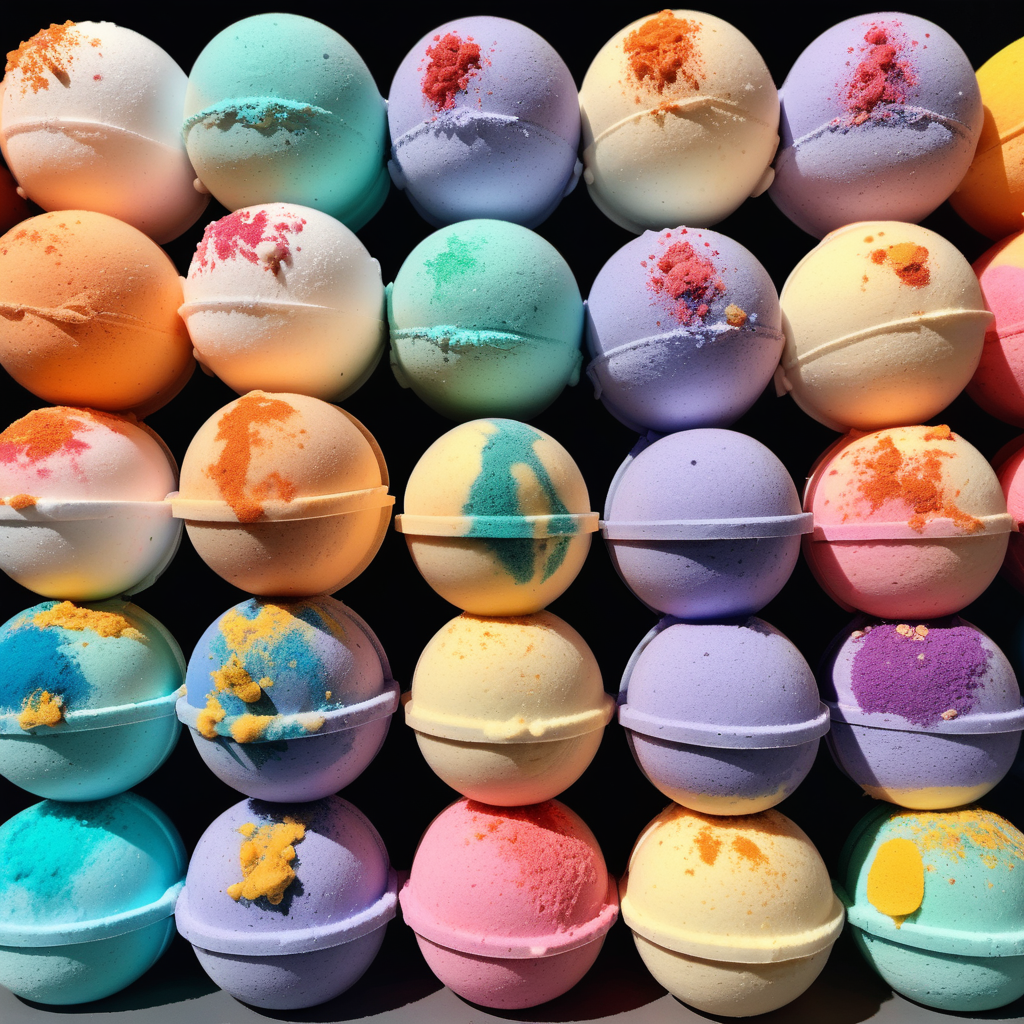 Colourful bath bombs displayed in aesthetic fashion