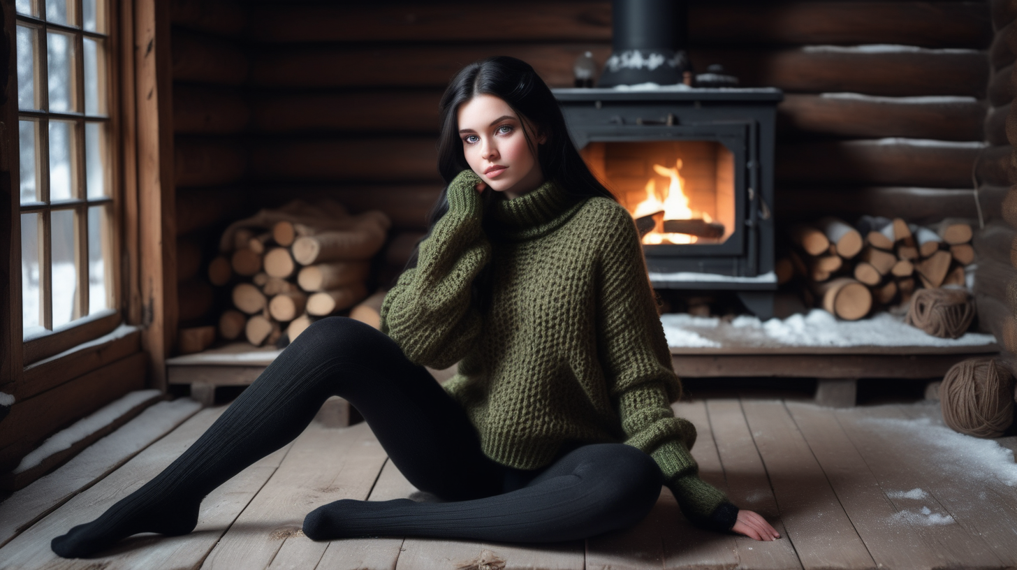 Hot girl with black hair and green eyes wearing fully knitted wool brown sweater.Wearing black spandex leggins, brown hand - knitted traditional socks. Black woolen bodice. She sitting on the wooden floor in old and dusty country house. Outside is winter and snowy. It's dark. Big fireplace, cyber - cat, robots.