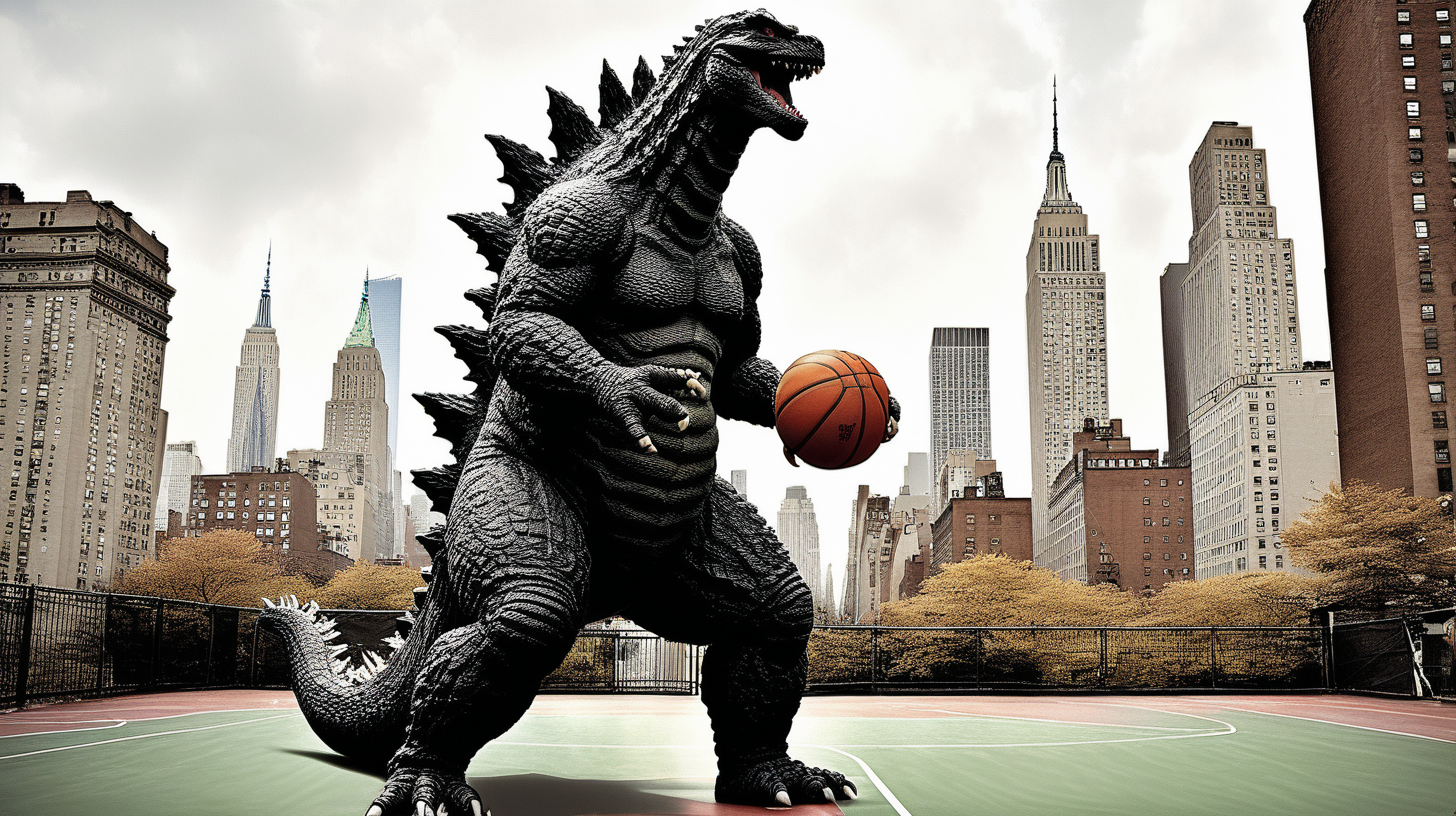 Godzilla playing basketball in NYC