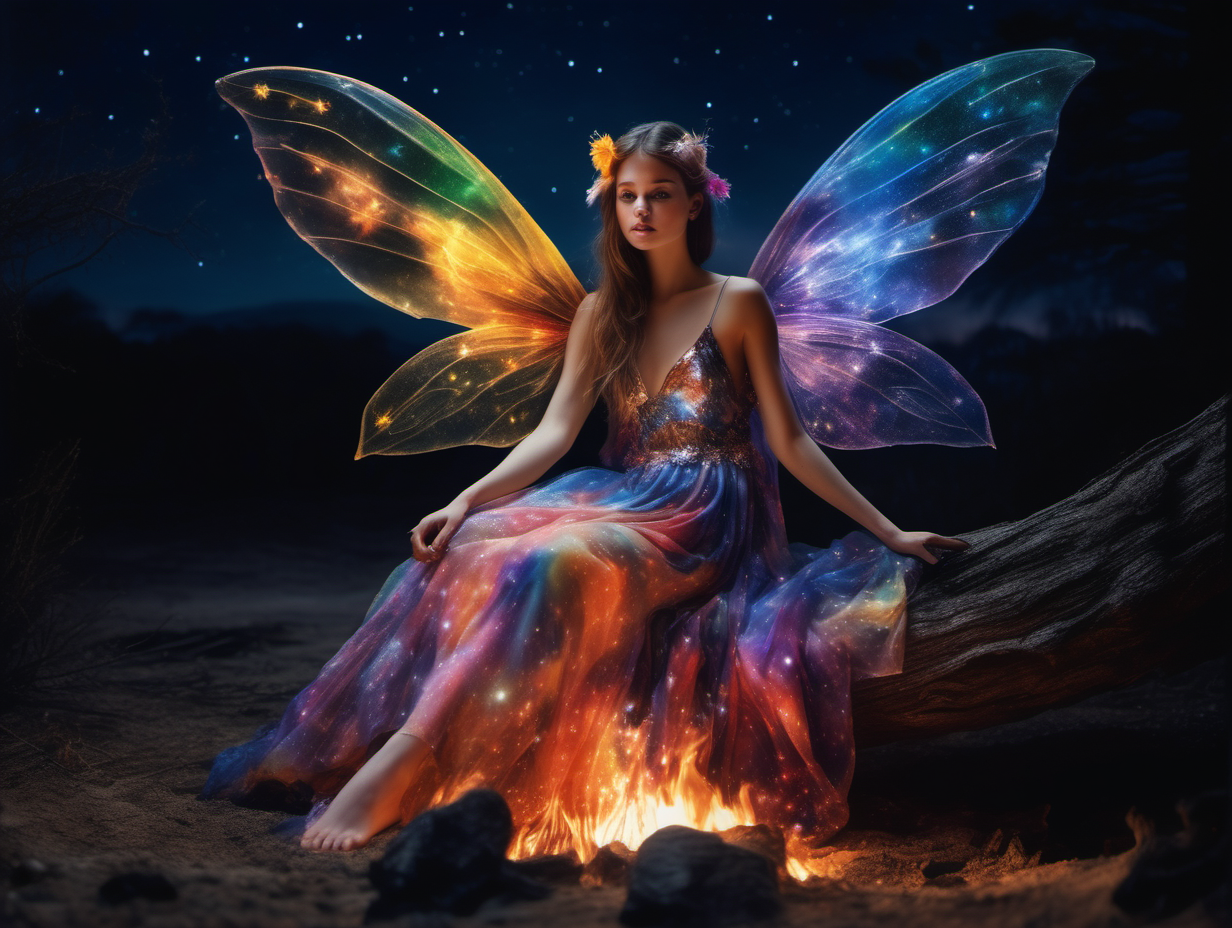 hyperrealistic extreme detail photograph of a female fairy with colourful transparent wings and a colourful open front loose dress sitting on the moon next to a fire under a starry sky facing the camera