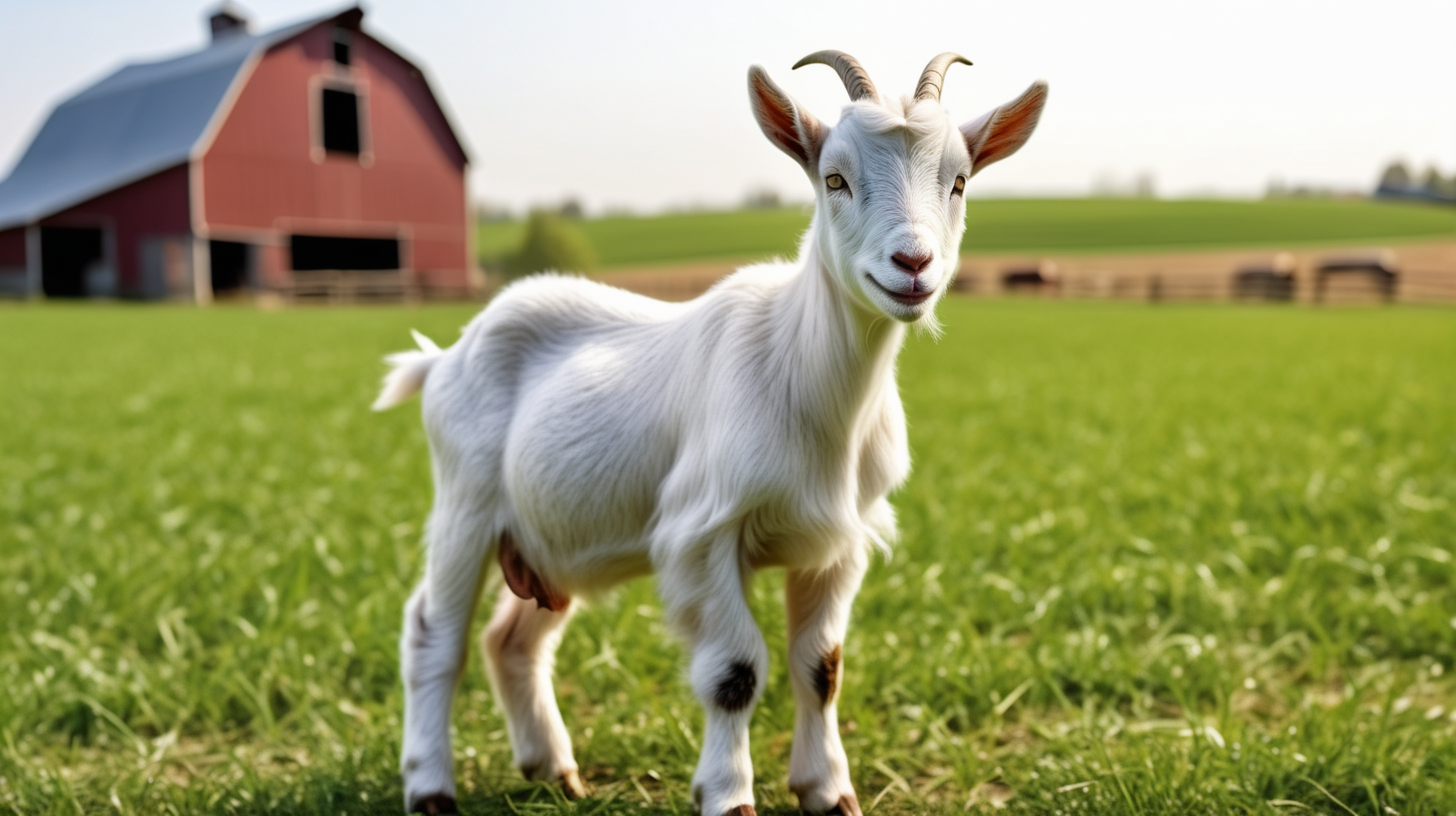 little goat in feild, farm barn background, isolated on background