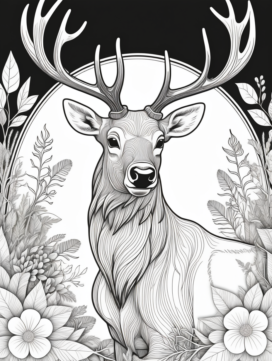 elk, Botanical Motif background, coloring book page, clean line art, line art, coloring book, black and white, no color