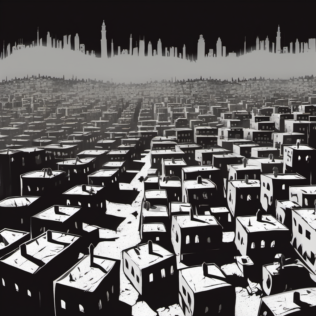 Siege Tactics: A haunting, monochromatic illustration of a city under siege in Gaza, with shadows and light used to depict the stark contrast between the besieged and the besiegers, emphasizing the plight of civilians.