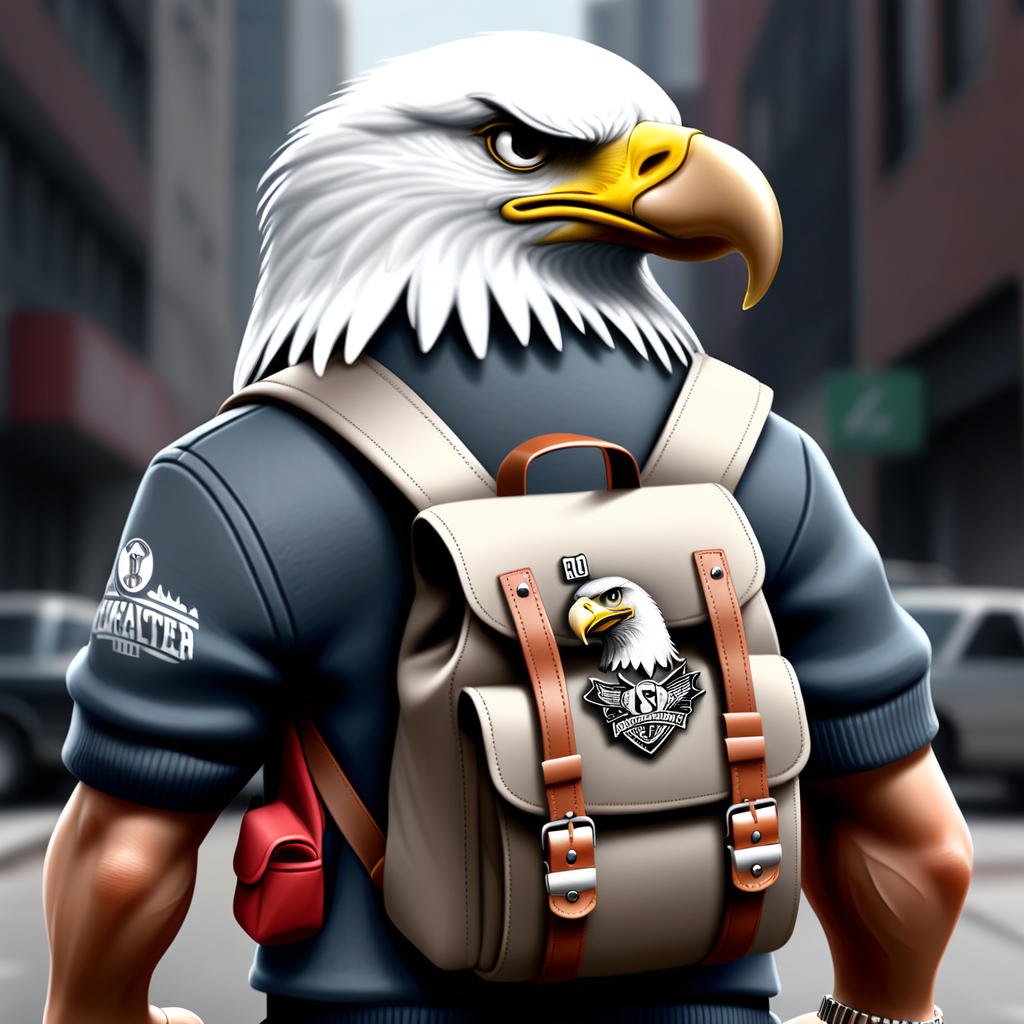 draw a street gangster eagle wearing a backpack while holding a 9mm