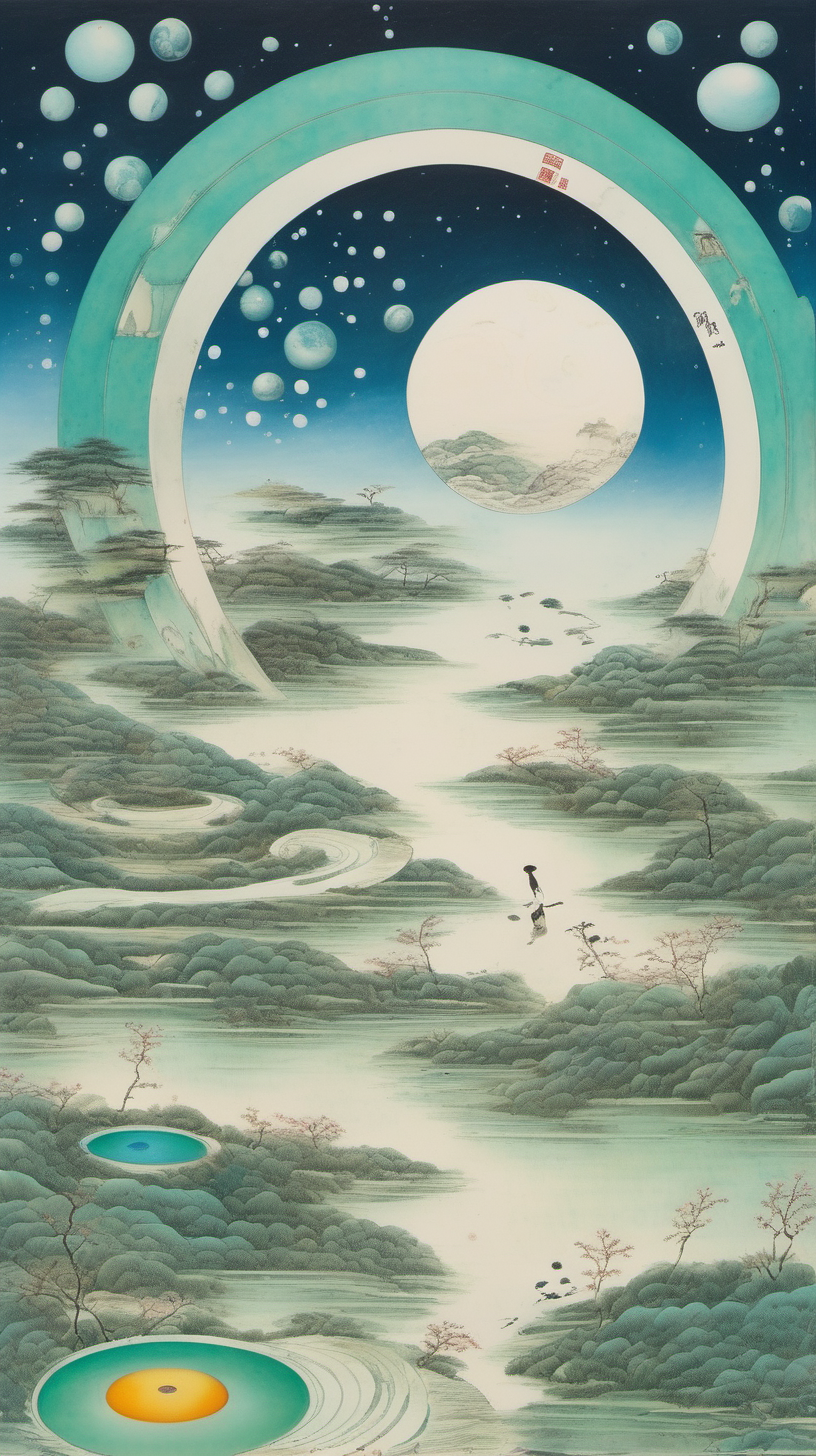 chinese gongbi drawing, with traversable wormhole, other worldly scenery,sublime, cosmos, quail eggs, exsitentialism, greenblue color
