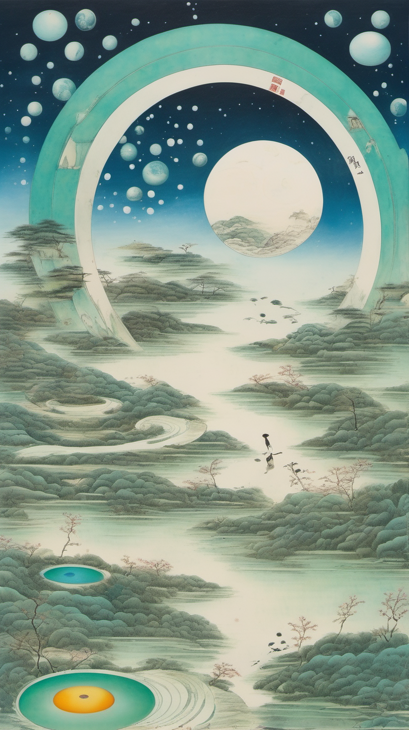 Chinese gongbi drawing with traversable wormhole otherworldly scenery