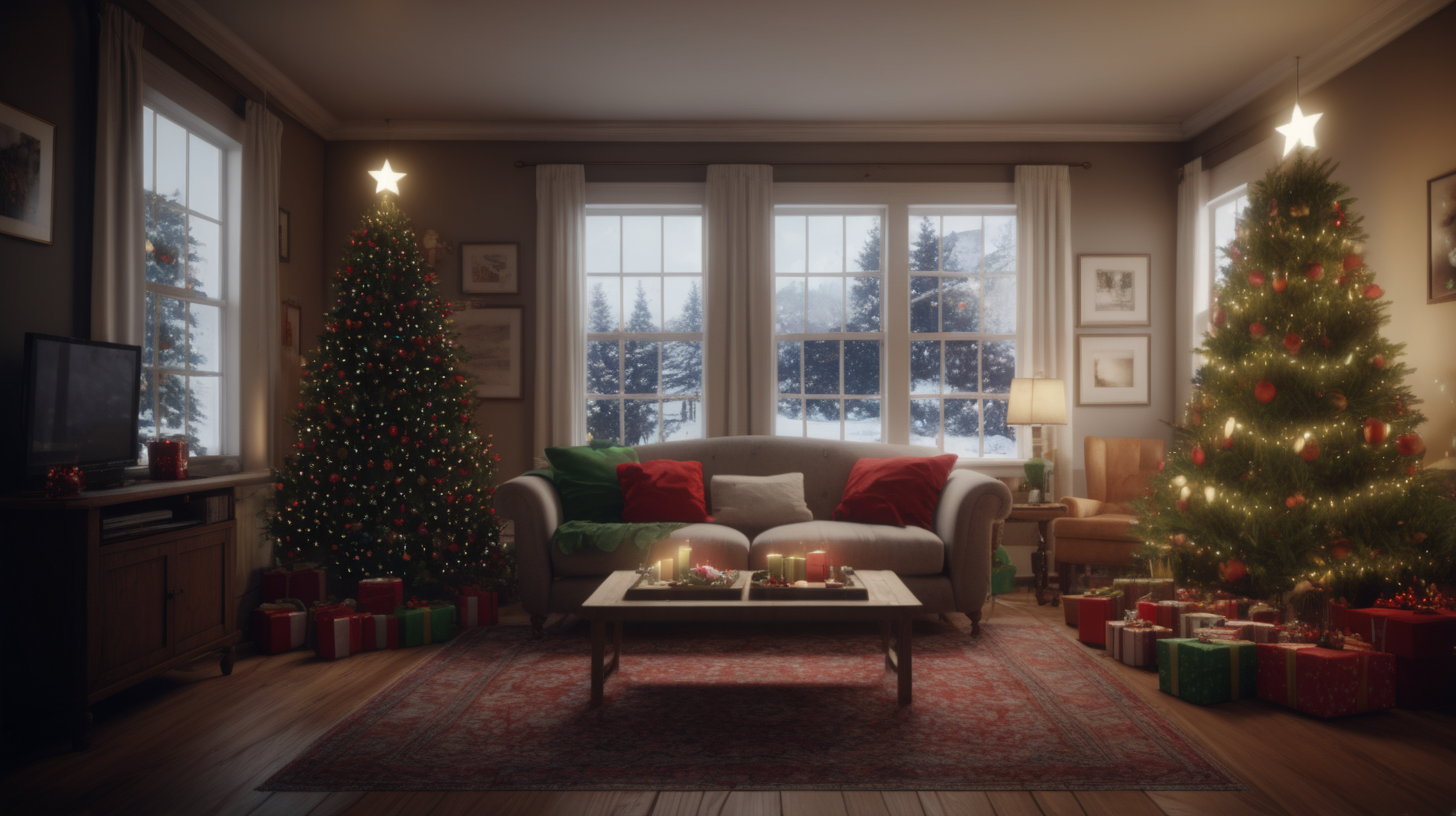 /imagine prompt: realistic, personality: [The opening shot is a wide angle of a cozy living room adorned with Christmas decorations. The soft background music creates a warm and inviting atmosphere, setting the tone for the holiday season. The camera slowly pans across the room, capturing the festive ambiance] unreal engine, hyper real --q 2 --v 5.2 --ar 16:9