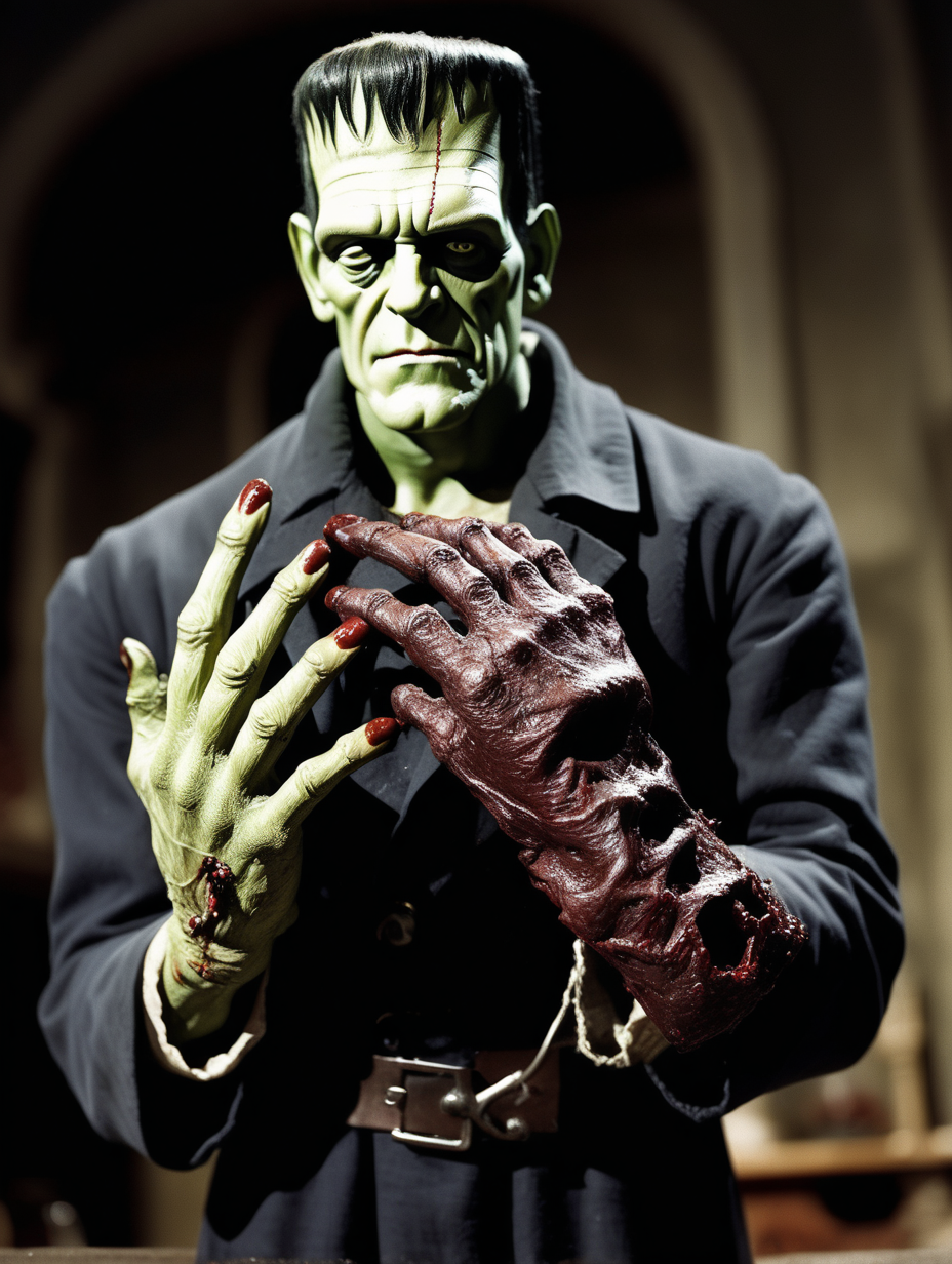 Frankenstein holds a severed human hand