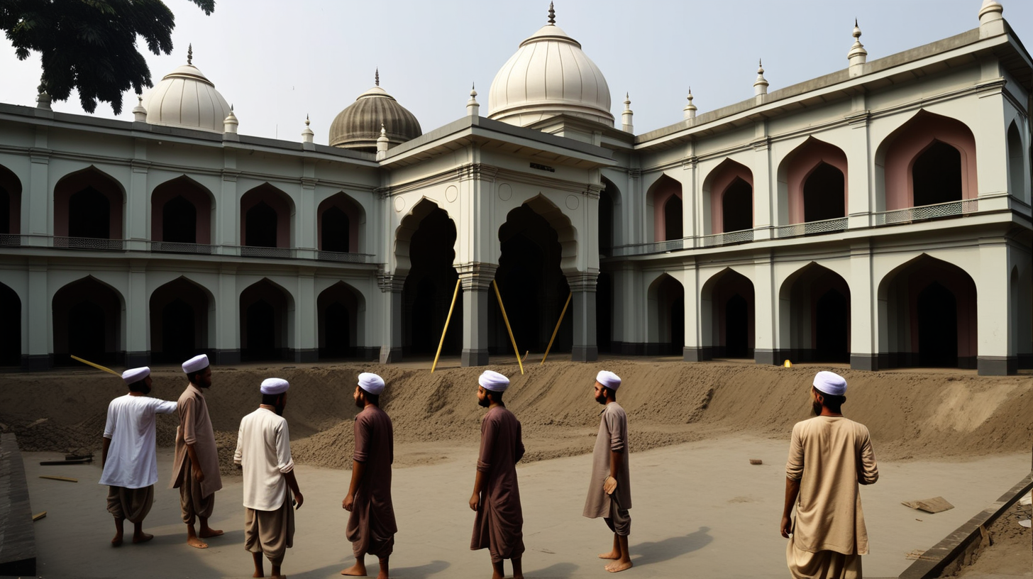 In 1781 the establishment of madrasa at Calcutta people are working on construction wide angle
