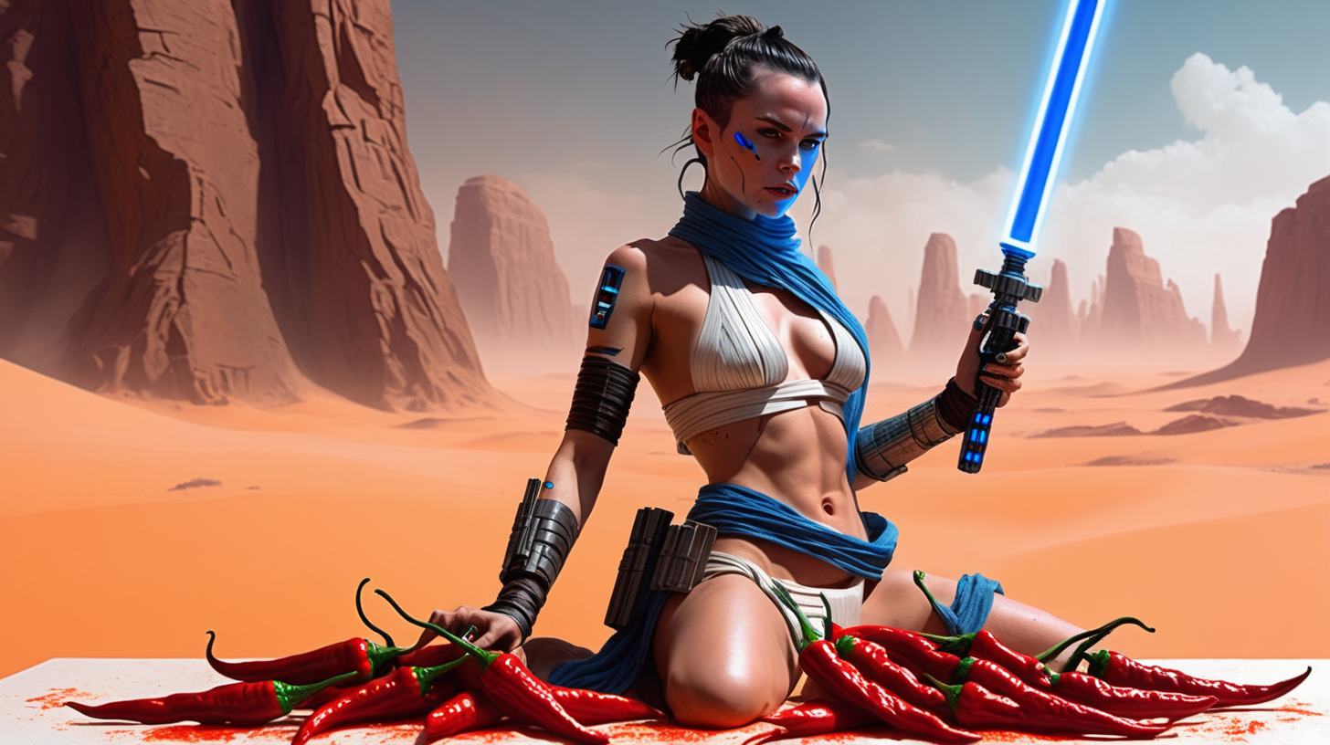 bikini rey with blue lighsaber cuts hot peppers