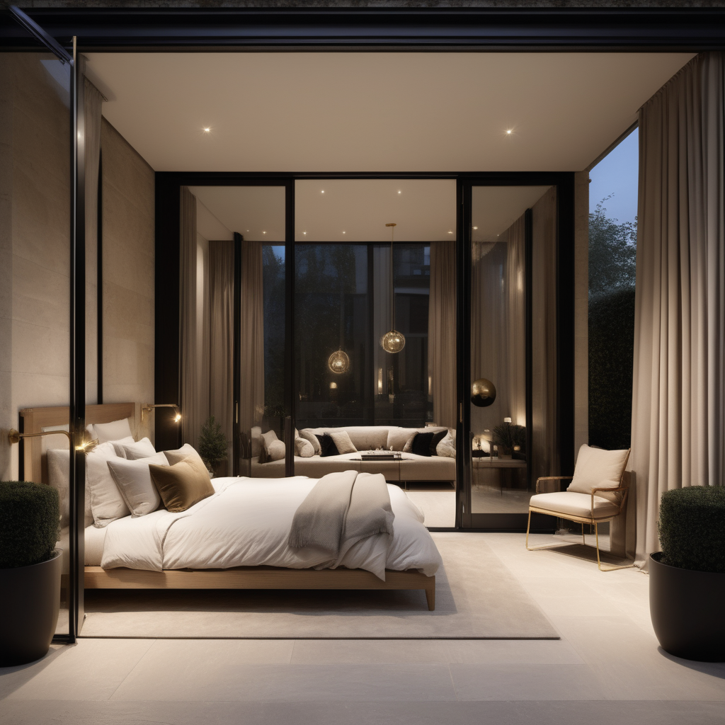 hyperrealistic of an elegant modern Parisian Master Bedroom at night; large glass doors opening to the private courtyard with garden beds; vanity table; kind bed; floor to ceiling windows ; curtains; mood lighting;  Limestone flooring; beige, oak, brass and accents of black colour palette; modern brass pendant light
