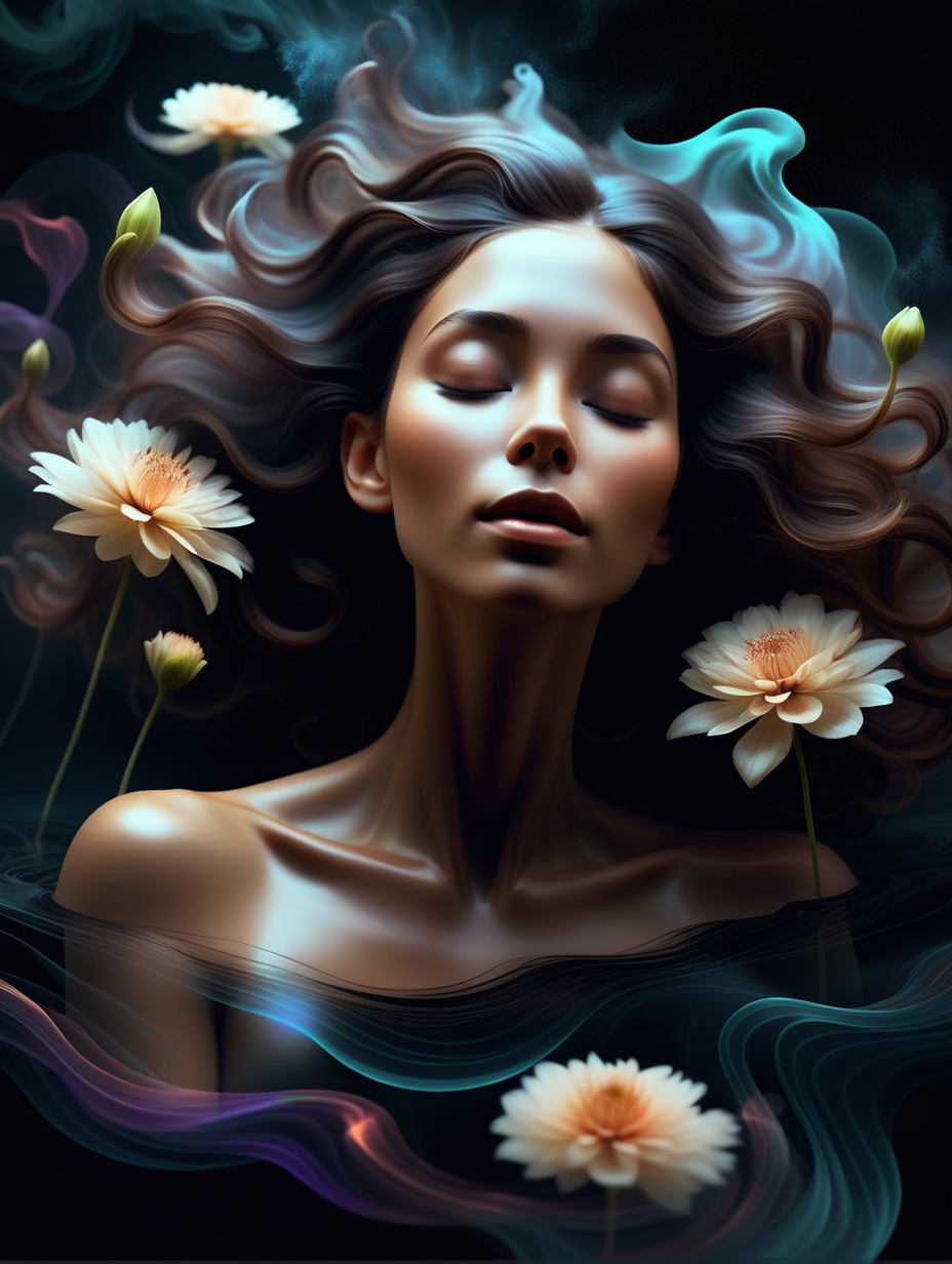 A portrait of a woman floating in a dark void, eyes closed painterly style, masterpiece dark colors with bioluminescent highlights. Floating wavy hair, Elegant botany and flowers. Smoke fractals, hauntingly beautiful