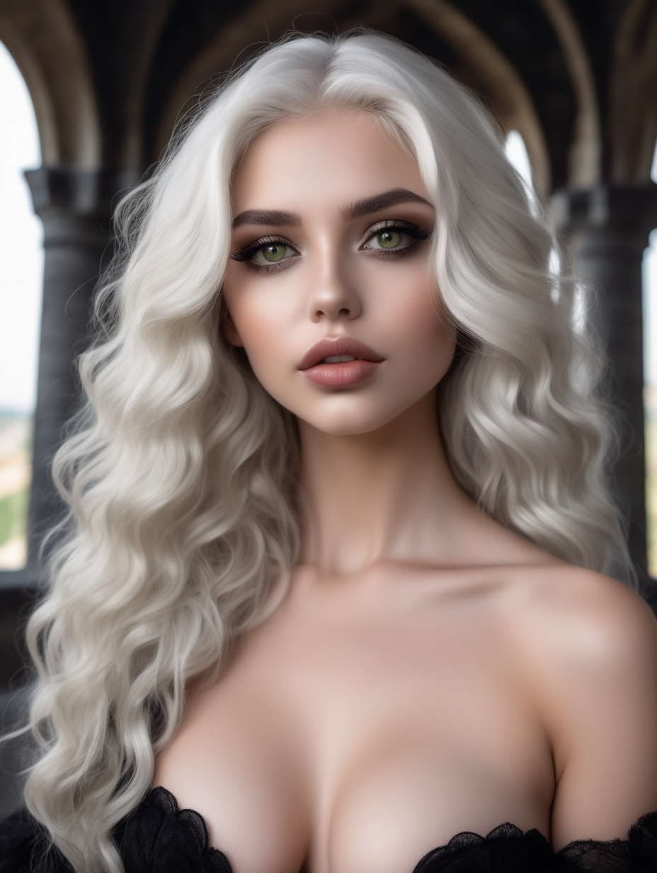 a very beautiful woman princess
wavy white hair
heart shaped face
perfect lips
light olive colored eyes
in a black castle
wearing a sexy black dress

