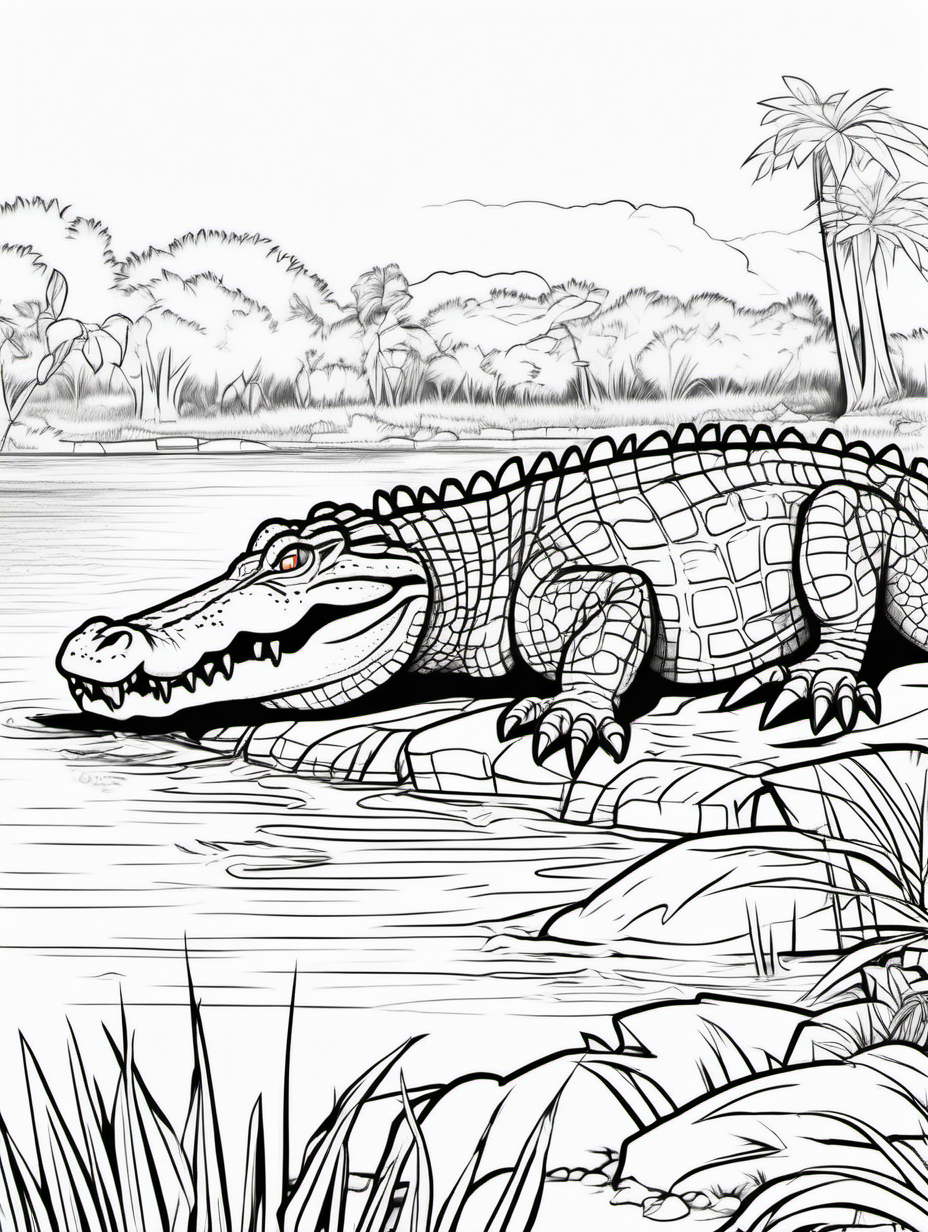 full crocodile on the river bank, coloring page, low detail, no color, no shadow