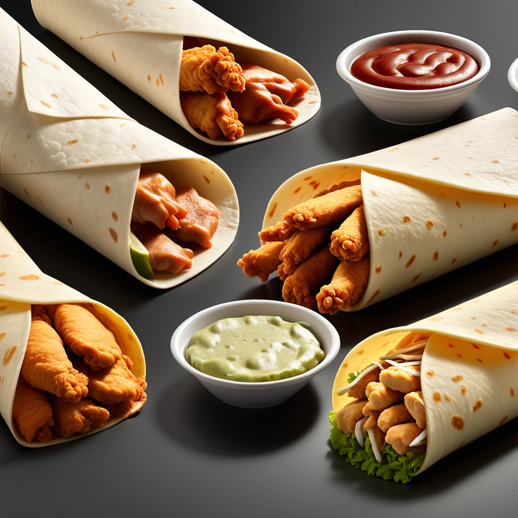 Different kinds of Tortilla wraps, (crispy chicken, Philly chicken, beef), with (Snackline) logo