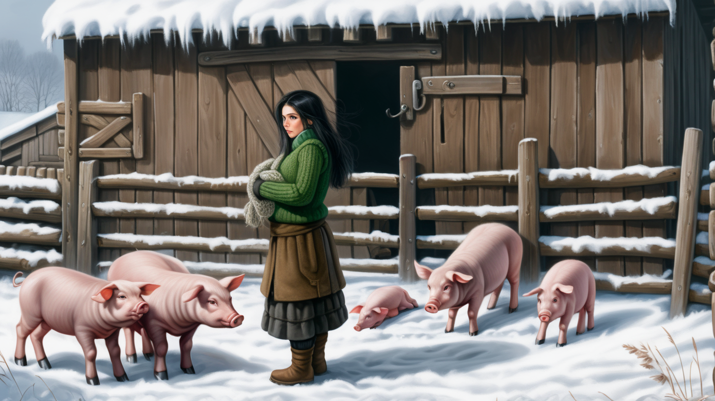 A beautiful peasant woman with long black hair and green eyes works in the pen in front of the barn. Around her are piglets - small and pink. Everything is in mud. The barn is surrounded by a fence of old wooden posts and wire mesh. It's winter, everything is covered with a thick layer of snow. Mud and snow mix. The peasant woman wearing short rubber working black boots. Brown coarsely knitted woolen socks stick out from them - up to the middle of the leg and. On top of them, to keep her warm, she has put on green - brown, very wrinkled and crumpled woolen knitted gaiters. It is worn with thick elastic leggings, over it there is a short knitted skirt in black and brown. A chunky brown-gray wool sweater with a chin-high collar is snug around her. over it she wore an off-white furry sleeveless sweater with a triangle neckline. Above all this is a open short  quilted waistcoat in green. On his head he wears a thick knitted woolen gray hat . He also has a thick scarf sloppily draped around his neck. He also wears gray knitted woolen gloves. across the waist, a thin hemp rope is wrapped 6-7 times and tied with knot.