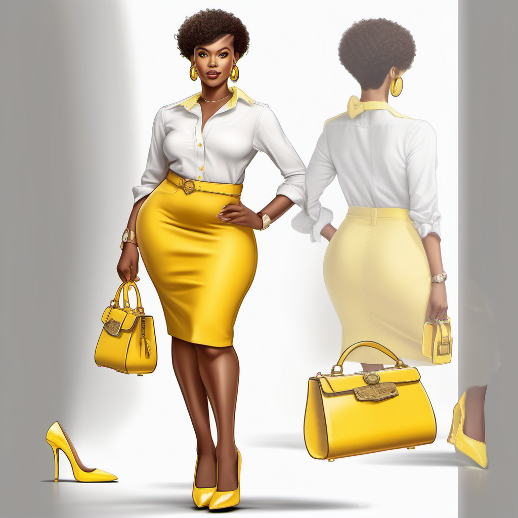 An african american woman in a yellow skirt and white blouse with yellow high heels; a purse in the other, with a white background in a realistic cartoon image, with pixie hair do
