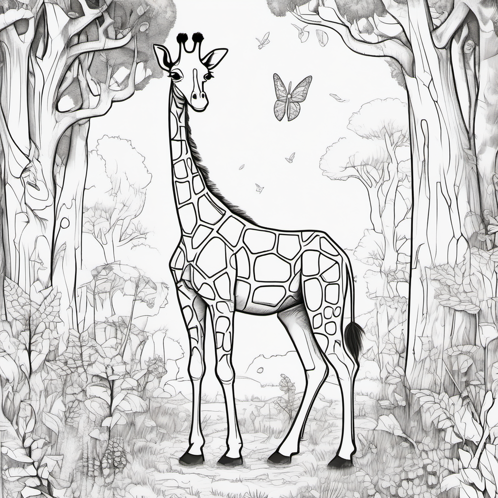 /imagine colouring page for kids, Giraffe Magic Forest fairies and woodland creatures, thick lines, low details, no shading --ar 9:11