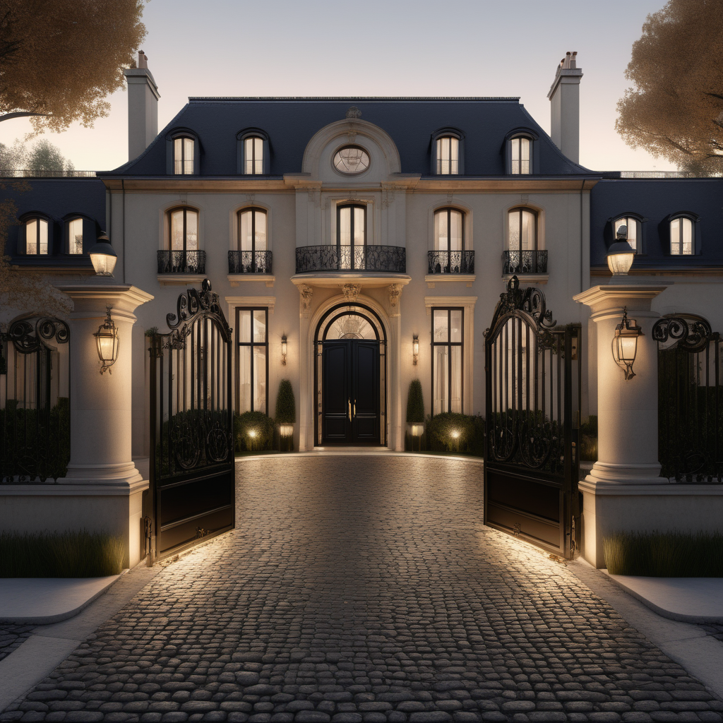 a hyperrealistic of an elegant Modern Parisian estate home exterior with mood lighting, a circular cobblestone driveway behind black wrought iron gates in a beige oak brass and black colour palette 
