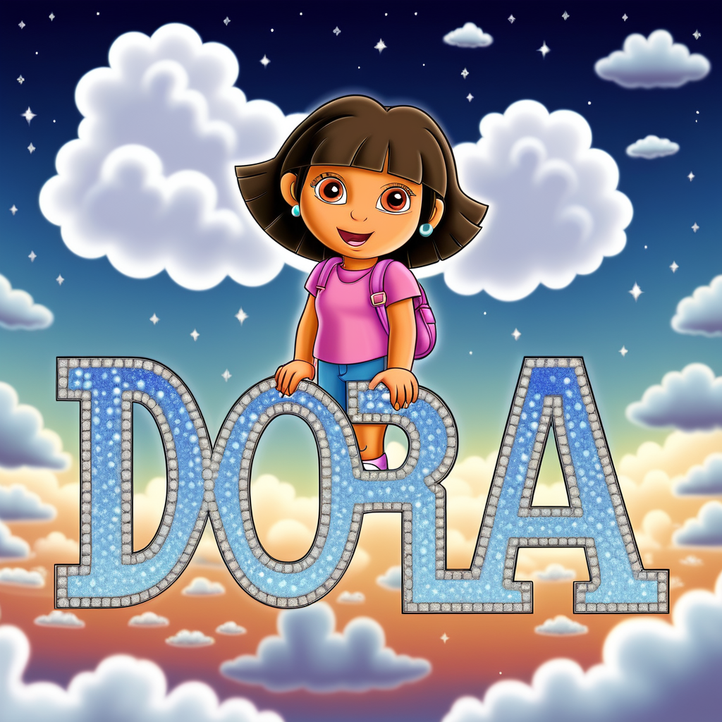 prompt: spell out the name DORA in rhinestone in the sky with clouds without a cartoon image