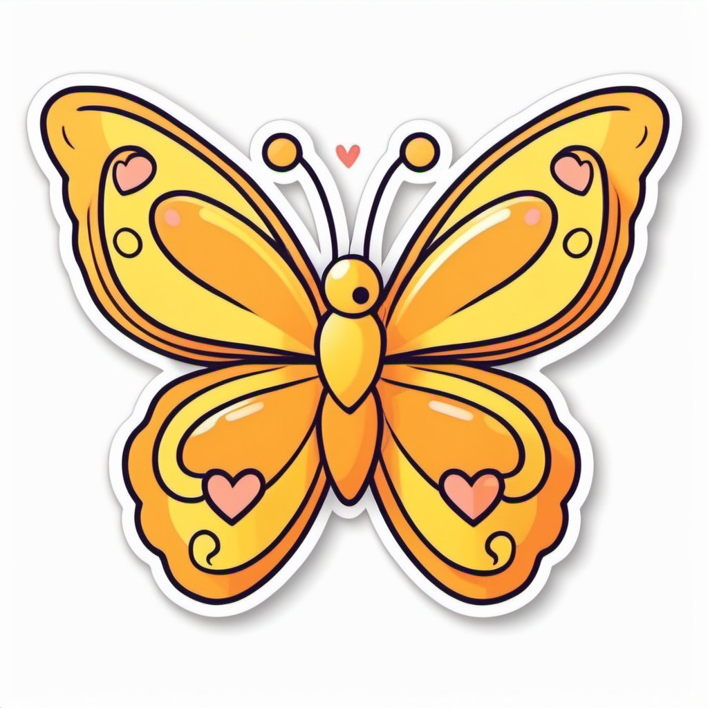  Sticker, Cute valentine yellow and orange Butterfly with Heart-shaped Wings, kawaii, contour, vector, white 
background
