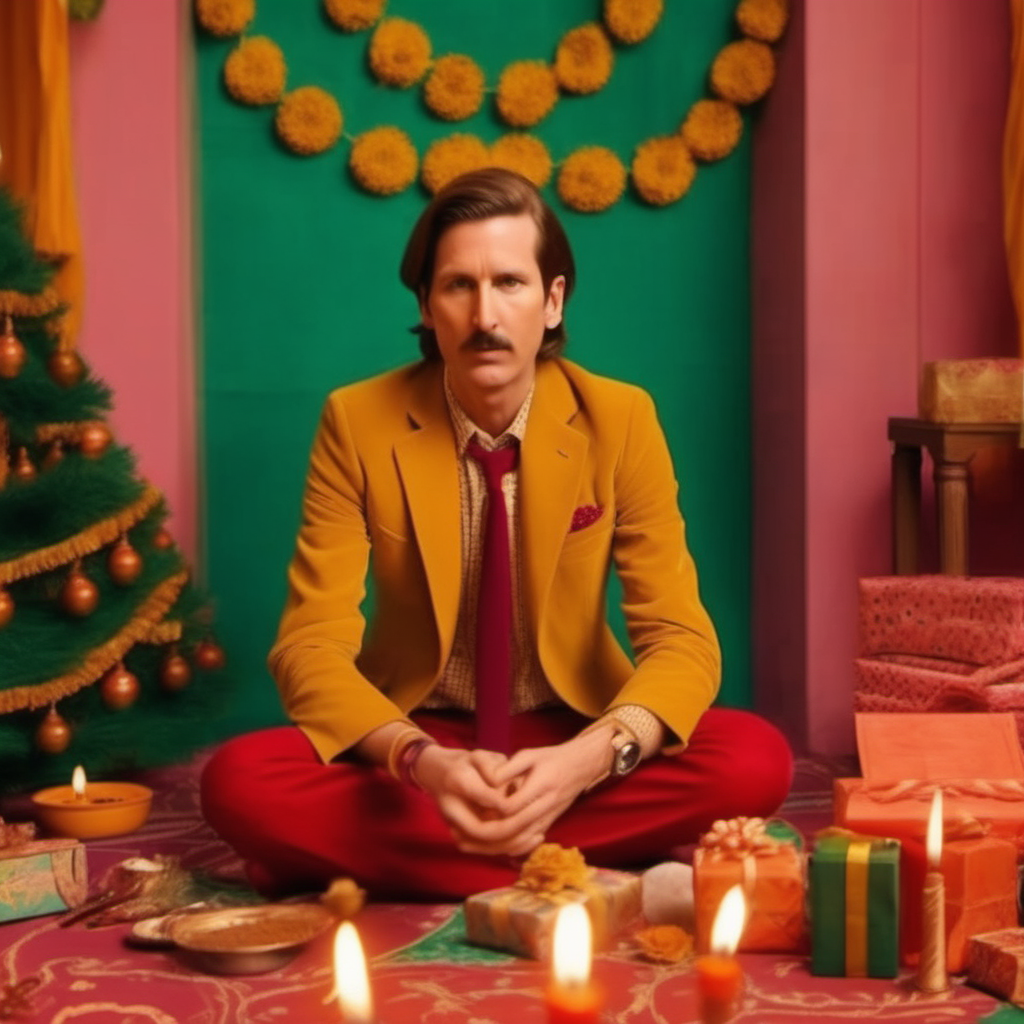 Anticipation of the upcoming festival season with Diwali, Christmas and birthdays full of celebration, Wes Anderson cinematic setting