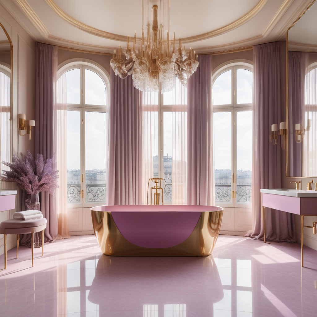 hyperrealistic image of large modern Parisian bathroom, floor to ceiling windows, curves, beige, pink, lilac and brass colour palette, brass chandelier, sheer curtains