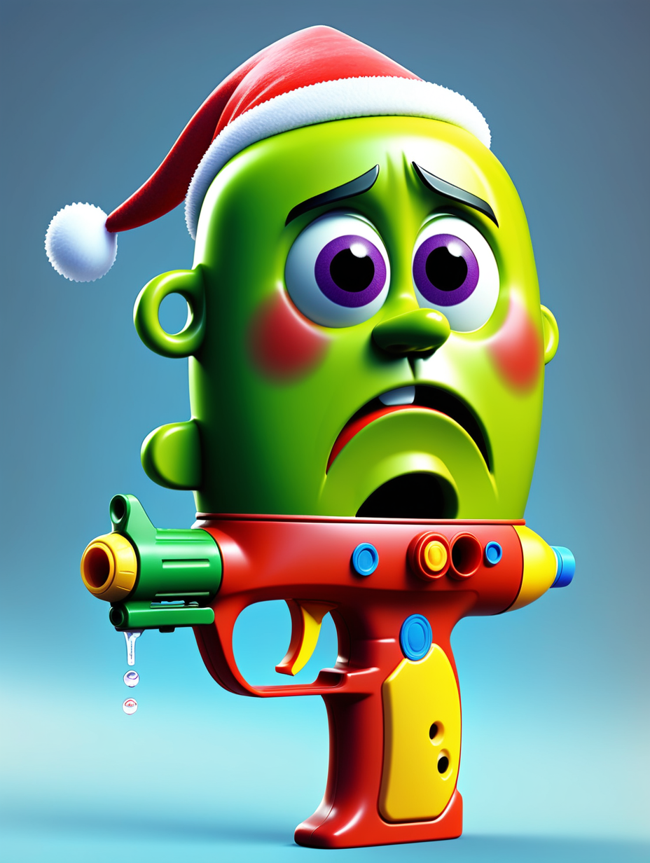 christmas watergun toy with a sad face crying; pixar style animation
