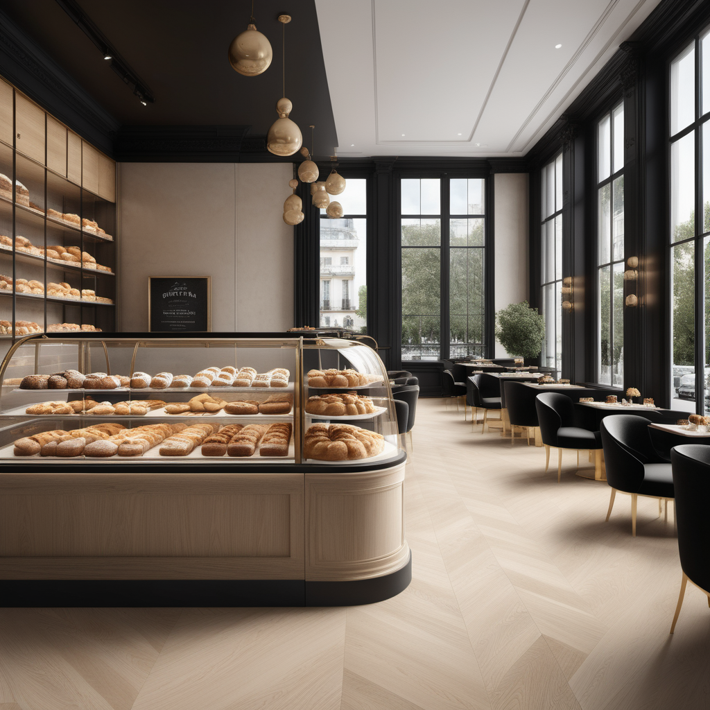 A hyperrealistic image a grand Modern Parisian gourmet bakery in a beige oak brass and black colour palette with floor to ceiling windows and