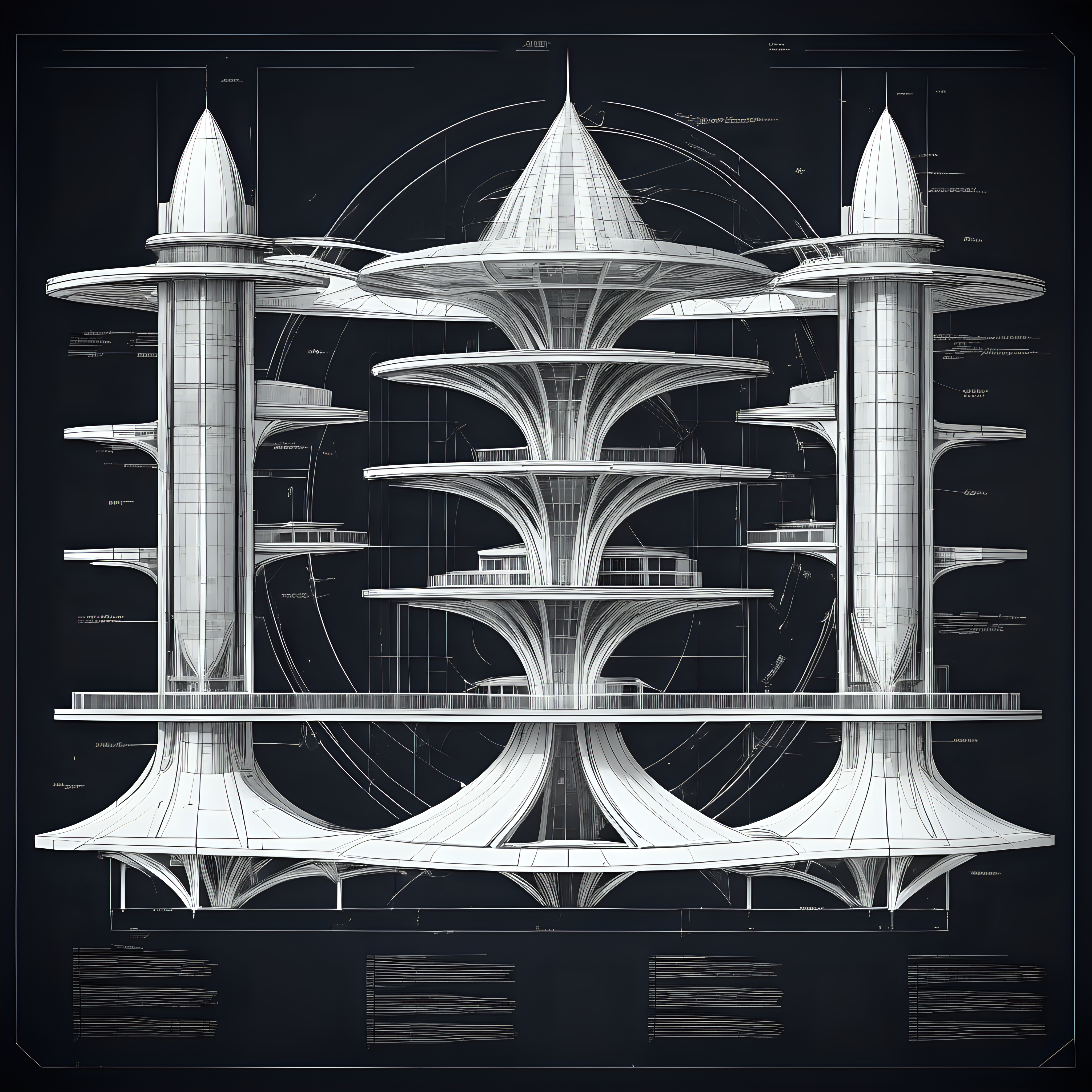 black and white blueprints of futuristic space mega
