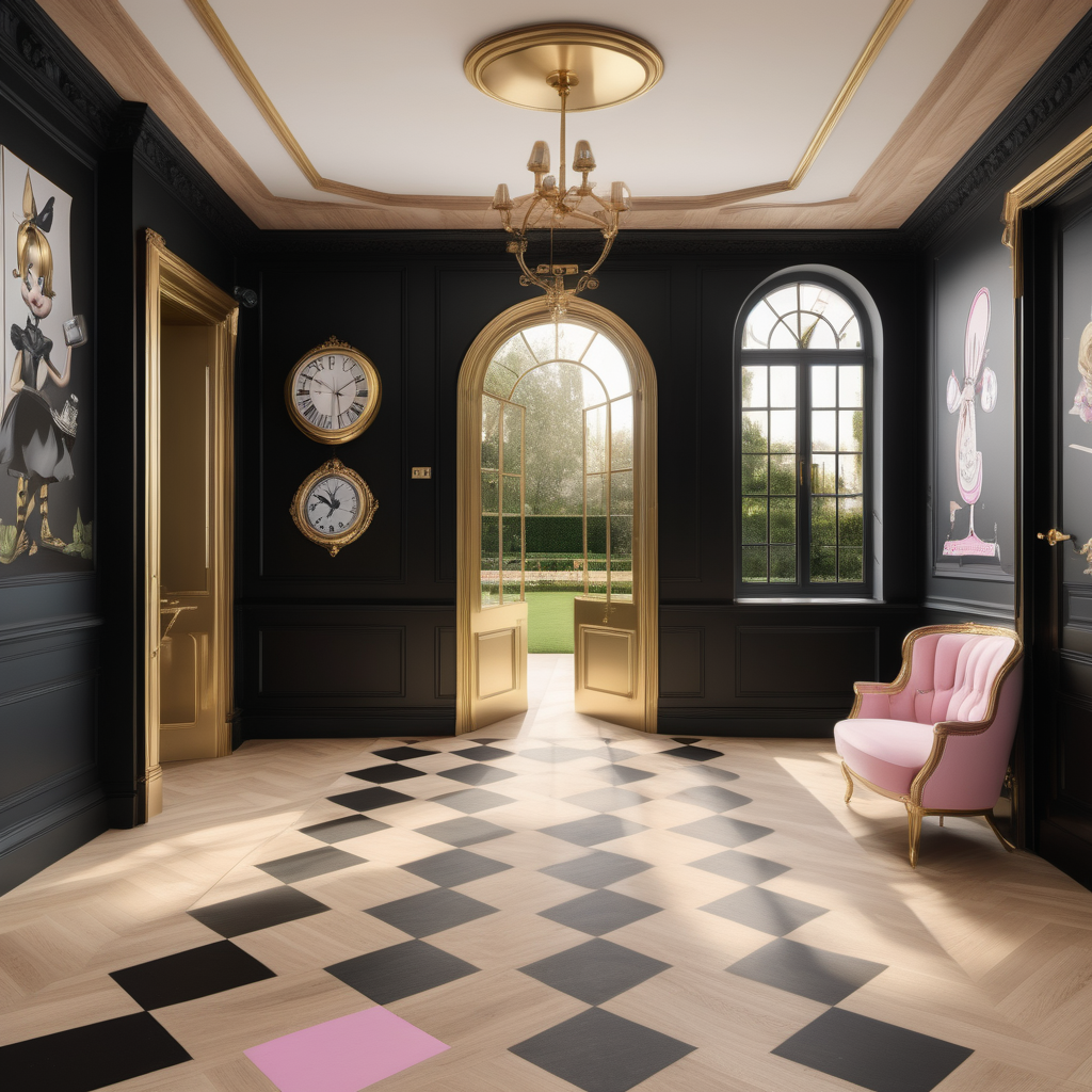a hyperrealistic image of a grand Modern Parisian  Alice In Wonderland style fantasy playroom in a beige oak brass and black colour palette with floor to ceiling windows that blend into the walls and a door leading to the manicured gardens