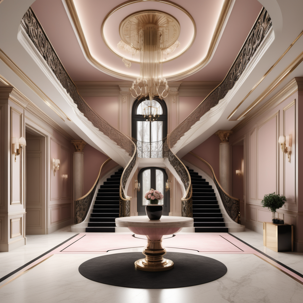 A hyperrealistic image of a luxurious, grand  modern Parisian entrance foyer in a beige oak brass colour palette with accents of black and dusty rose, with coffered ceiling, a curved bifurcated staircase 