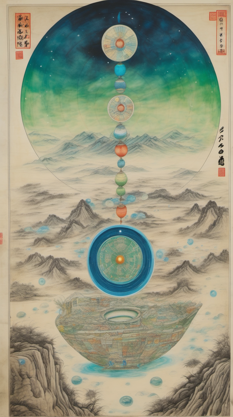 chinese gongbi drawing, with traversable wormhole, other worldly scenery, cosmos, quail eggs, greenblue mountain, underground, light cone