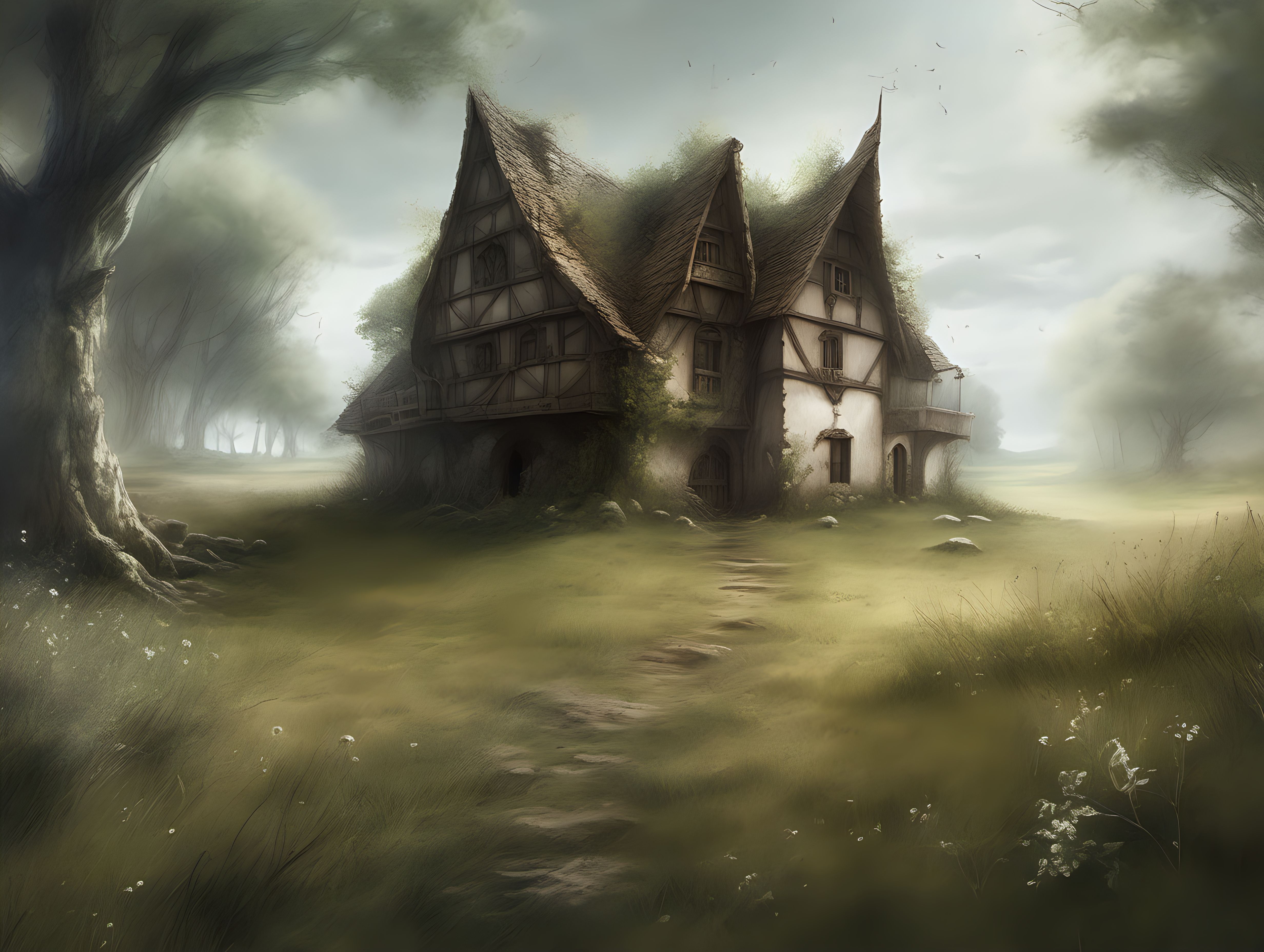 genera una ilustración estilo Luis Royo de una casa medieval en medio de un prado, rodeado por un bosque de fantasía



