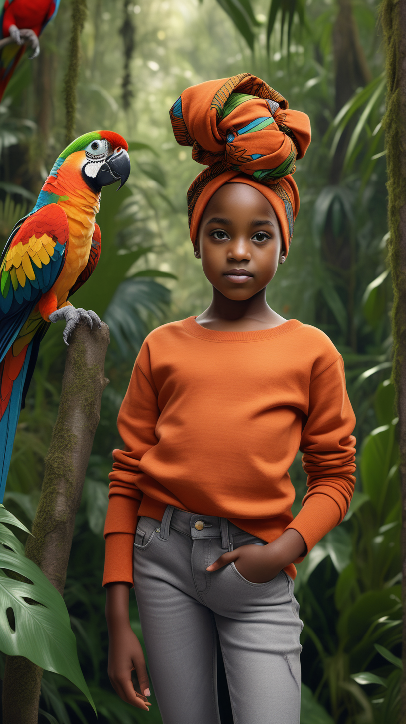 A pretty, young little black girl wearing an African print head wrap, wearing a Burnt orange sweater, wearing heather grey denim jeans, standing in a lush jungle, with a colorful, Parrot perched on her arm, 4k, realism, high definition clarity, brilliance