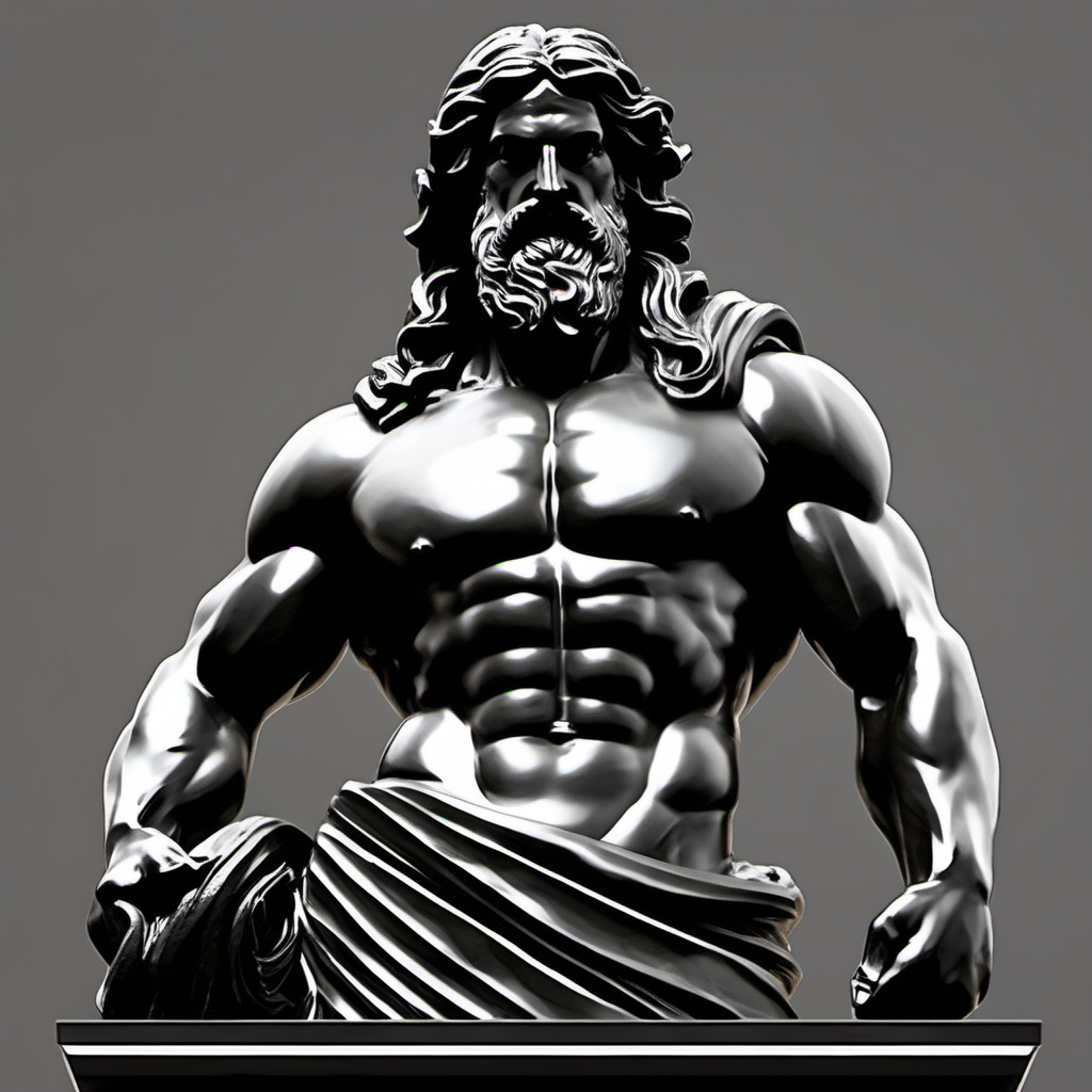 generate a logo image for the You Tube Channel name "Stoicism Realms" with black stone statue greek muscles man statue with long hair on cheeks, instructing something