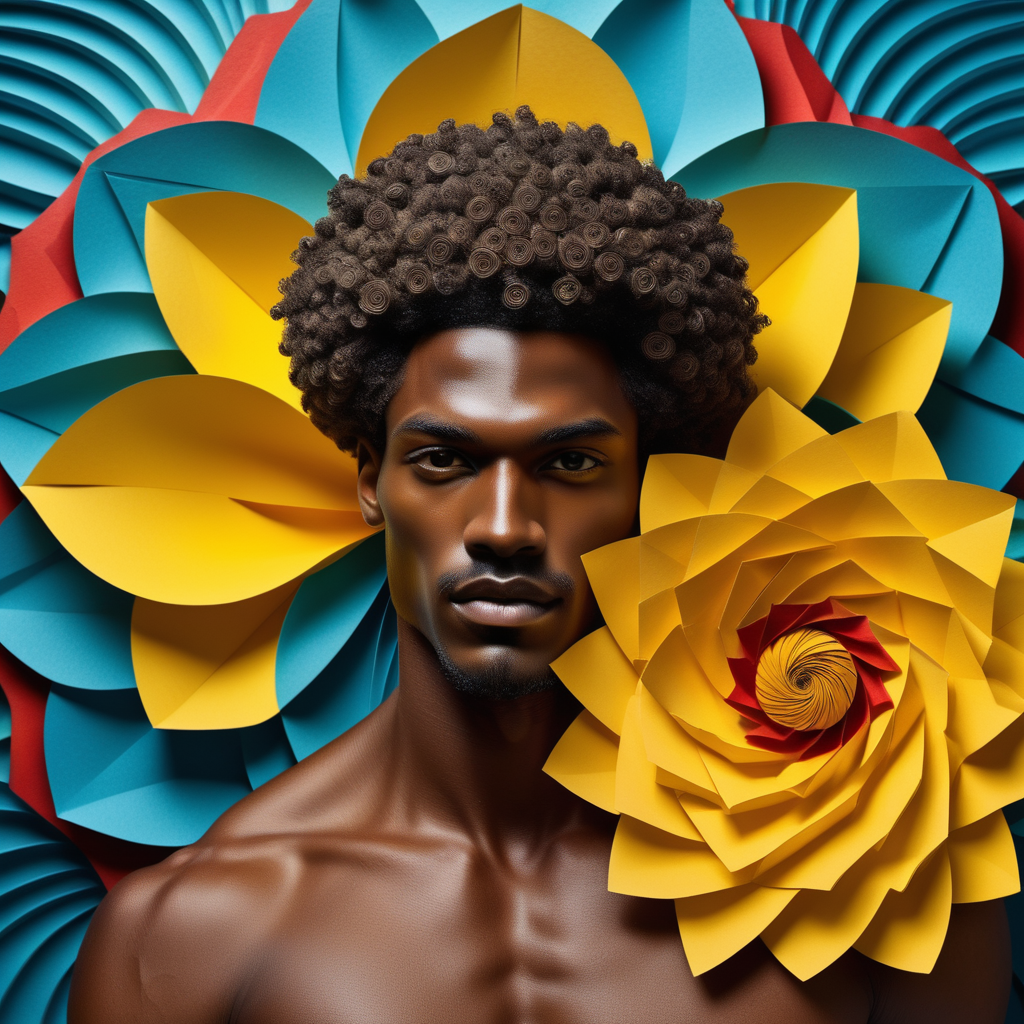 paper art of closeup of a beautiful Brazilian melanin MALE model  and a large yellow flower, Fibonacci sequence and beauty, Kaleidoscope, elegant curves, fine line details, curved and scalloped patterns, dynamic composition, blue, red, turquoise, yellow --chaos 21 