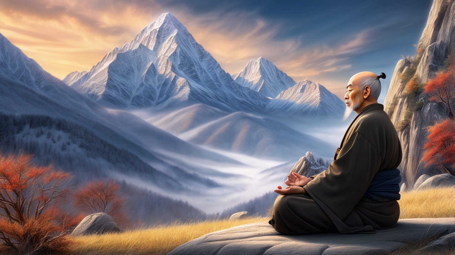 The zen master's stillness is palpable, as he sits in meditation amidst a beautiful mountain. The contrast between his peaceful presence and the chaotic surroundings creates a powerful visual. Rendered in a realistic style, with intricate details and vibrant colors, this image is a testament to the power of silence in any environment.