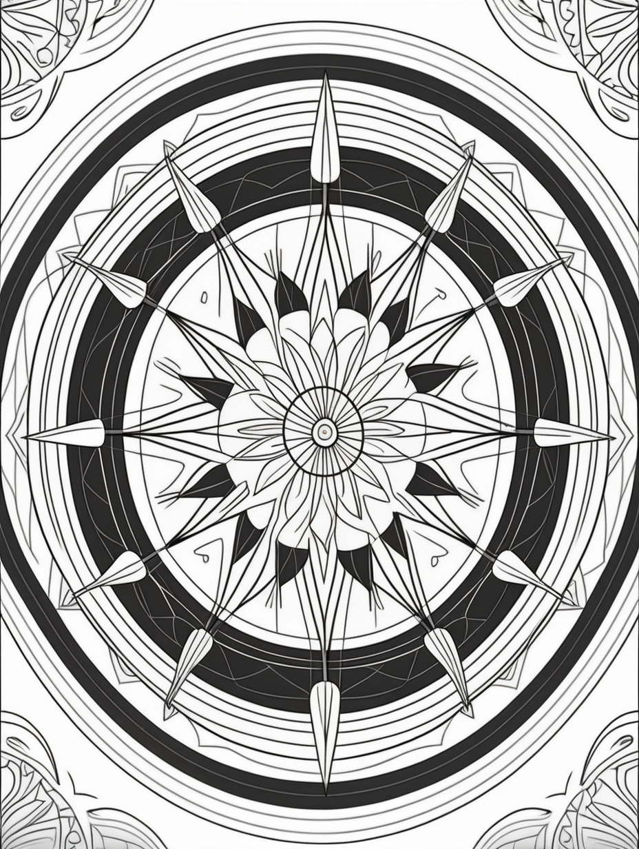 archery inspired mandala pattern, black and white, fit to page, children's coloring book, coloring book page, clean line art, line art, no bleed