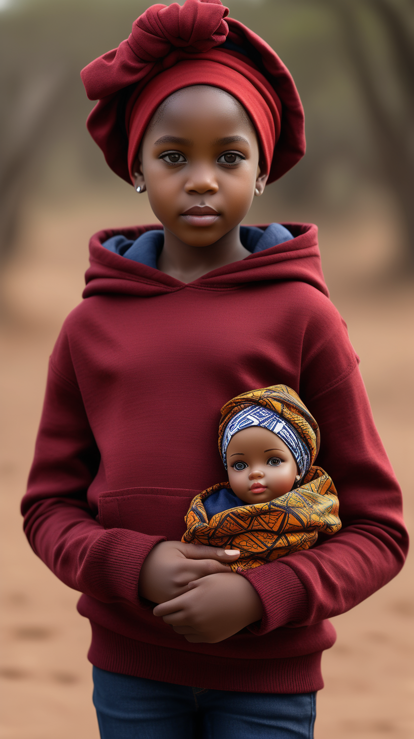 A pretty, young little black girl wearing an African print head wrap, wearing a Deep Red, hooded, knit sweater, wearing Dark Navy blue denim jeans, standing in Africa, holding a small doll, 4k, realism, high definition clarity, brilliance
