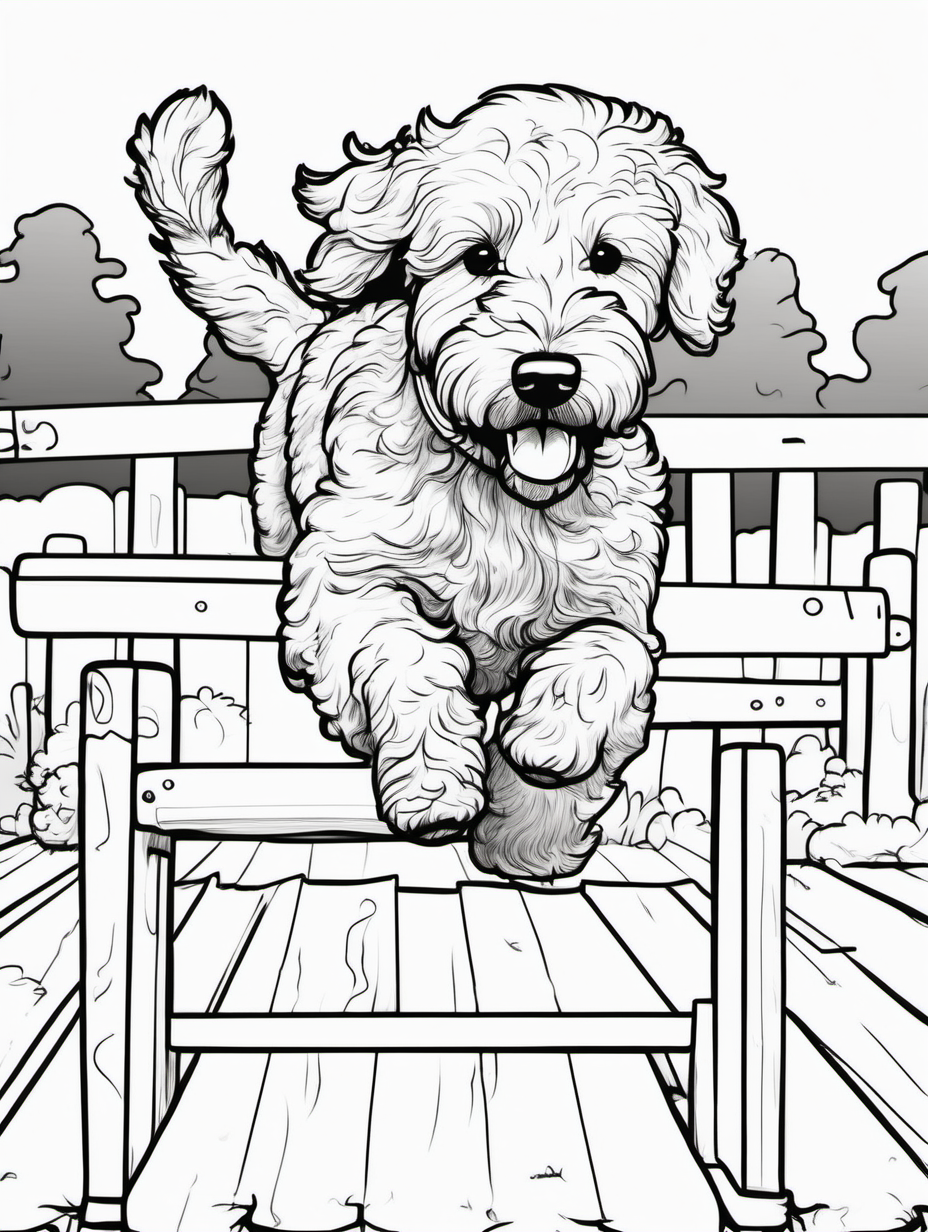 A cute goldendoodle  running on a plank at a whimsical agility competition for coloring book with black lines and white background