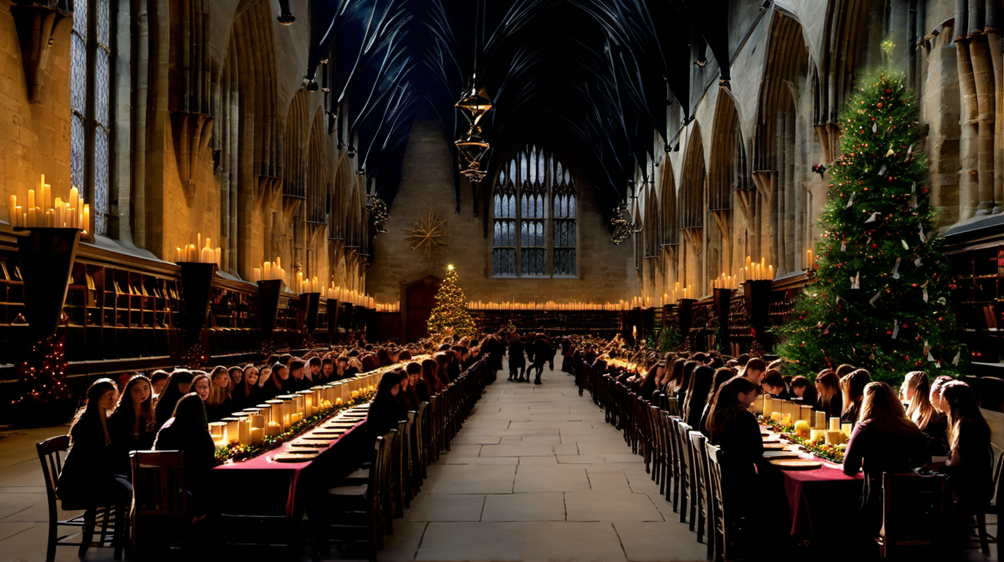 hogwarts great hall during christmas with students and 4 long tables